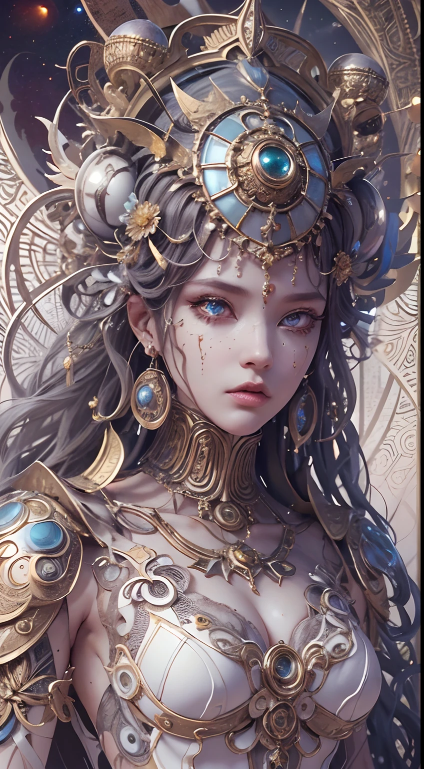 Full body like,(best qualtiy,ultra - detailed,Most Best Illustration,Best shadow,tmasterpiece,A high resolution,professionalartwork,famousartwork),Detailed eyes,beautidful eyes,closeup cleavage,sci-fy,colored sclera,Robot eyes,face markings,Tattooed with,(fractalized,Fractal eyes),largeeyes,Wide eyes,(Eye focus),sface focus,Cosmic eyes,Space eyes,Close-up of metal sculpture of a woman with a moon in her hair,goddes。extremly high detail,3 d goddess portrait,Extremely detailed footage of the goddess,a stunning portrait of a goddess,Side image of the goddess,portrait of a beautiful goddess,Full body close-up portrait of the goddess,hecate goddess,portrait of a norse moon goddess,goddess of space and time,(RAW photo:1.2),camel-toe,Hollow-out on,sweat leggs,White liquid, Smooth pink skin, shiny metallic glossy skin, Shiny, spread their legs M-shaped legs,angry look,sullenness,Irritated,white liquid all over body,Full body like