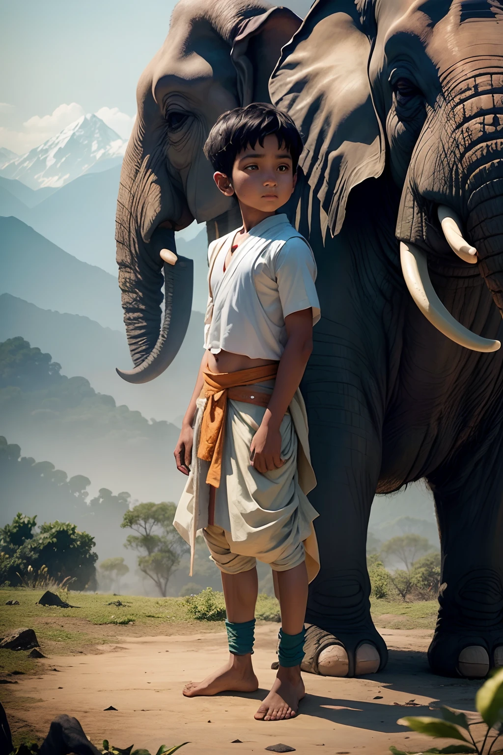 a boy of assam wearing dhoti standing near the elephant in the jungle and mountains, 8k