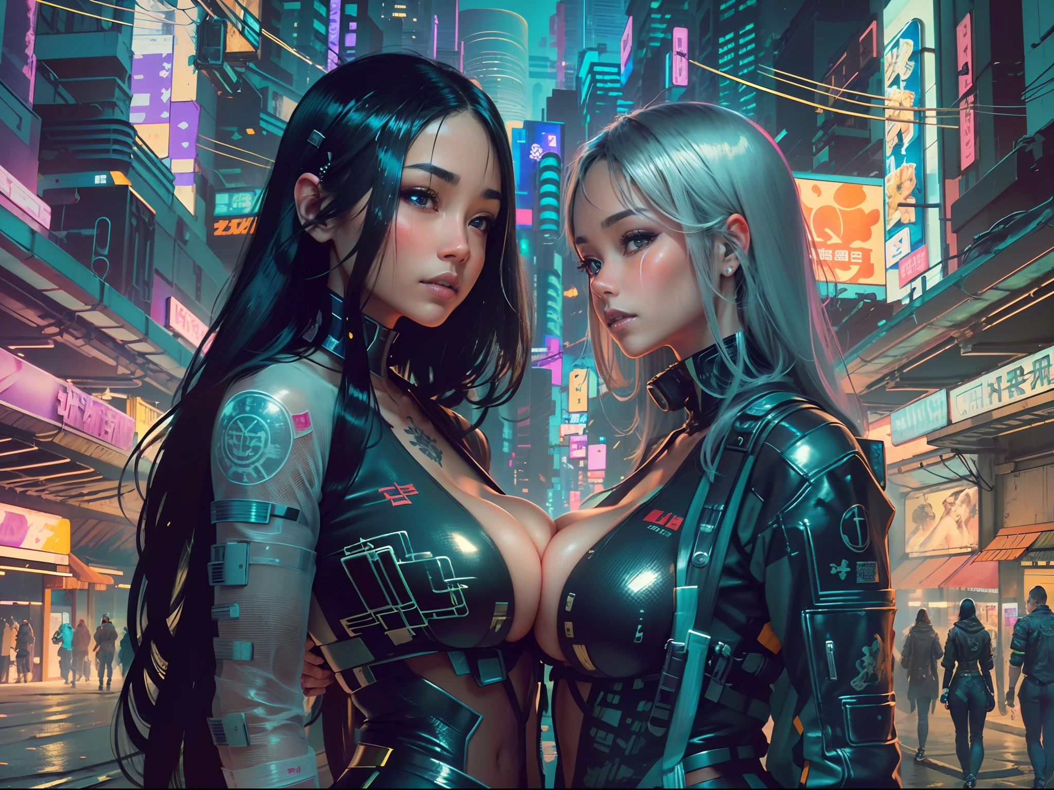 (Beautiful Asian identical twin cyberpunk girls (holding each other)), cowboy shot, ((ultra detailed neon cyberpunk futuristic city )), black long shapeless hair, detailed and intricate ((cyberpunk city streets background)), featuring high-tech holographic projections and sleek architecture, art by (((Syd Mead, Masamune Shirow))), (highly detailed photo realistic), sharp focus, ultra high quality, vibrant, (big breasts:1.7), long shapeless hair, (shiny skin:1.4), shiny lips, (symmetrical detailed face:1.7), toned, sexy, masterpiece, (cinematic lighting).