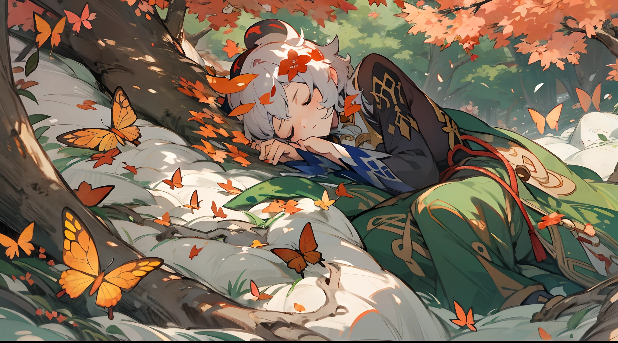 Genshin Impact, ganyu sleeping in forest, maple trees, flowers, Butterflies, beautiful and highly detailed scenery, beautiful day