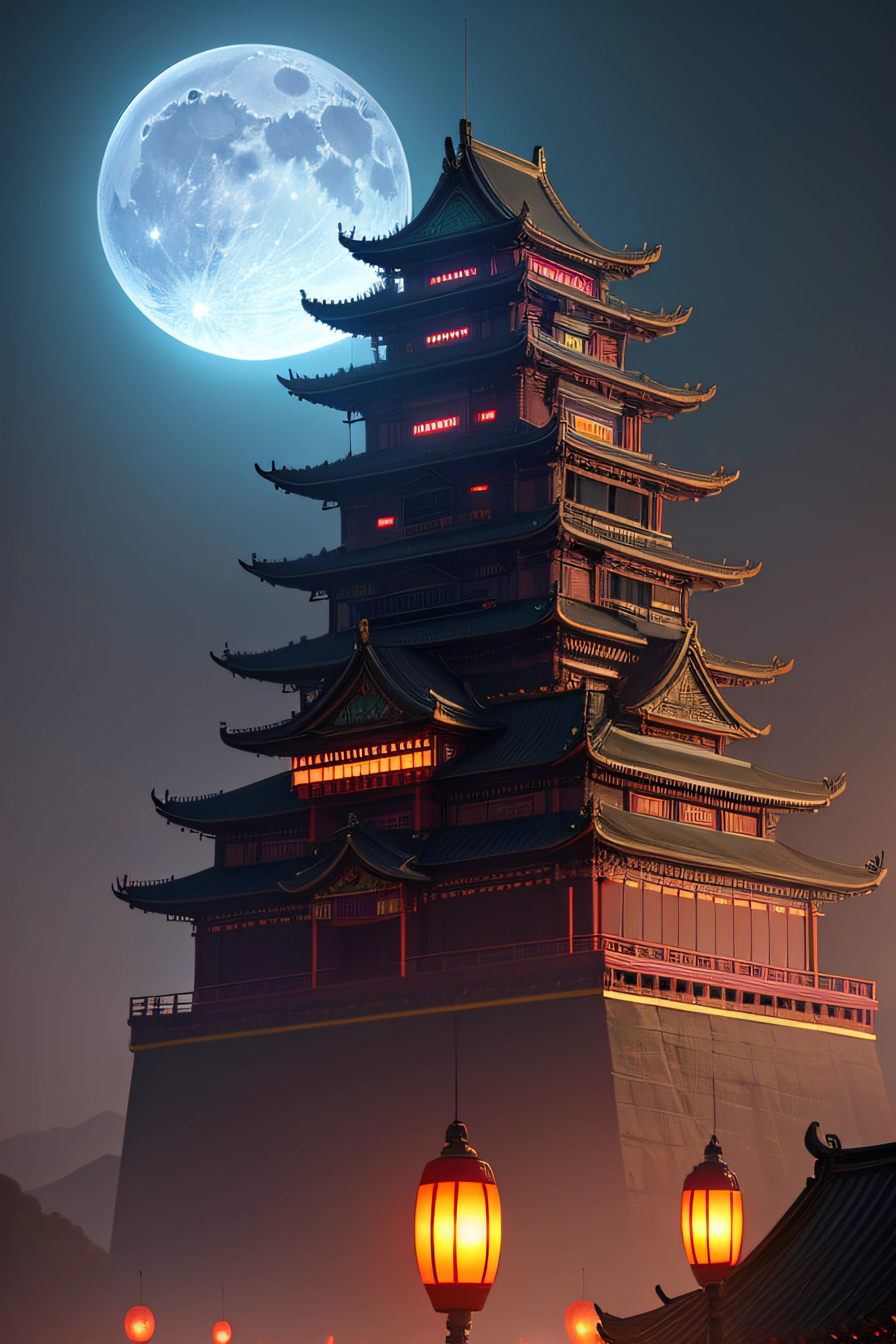 cyberpunk chinese ancient castle, Full moon in the background,Very large moon,neonlight,sense of science and technology