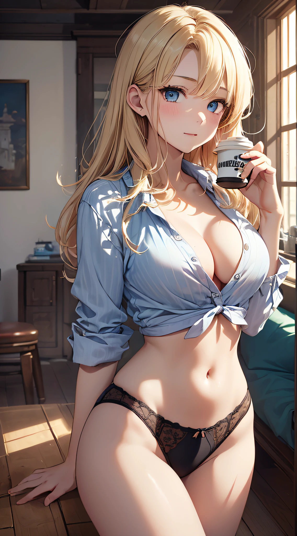 top-quality、Top image quality、​masterpiece、girl with((18year old、 White Y-shirt with open buttons、,Black underwear、Best Bust、Bust 85、a blond、disheveled semi-long、Blue eyes、open chest wide、Valley、Happiness、A slender、Bring your own coffee cup、Shy face)）hiquality、Camera Film Style、Background with((A room with beautiful sunlight))、masutepiece、cool style、Elaborate design、visualart