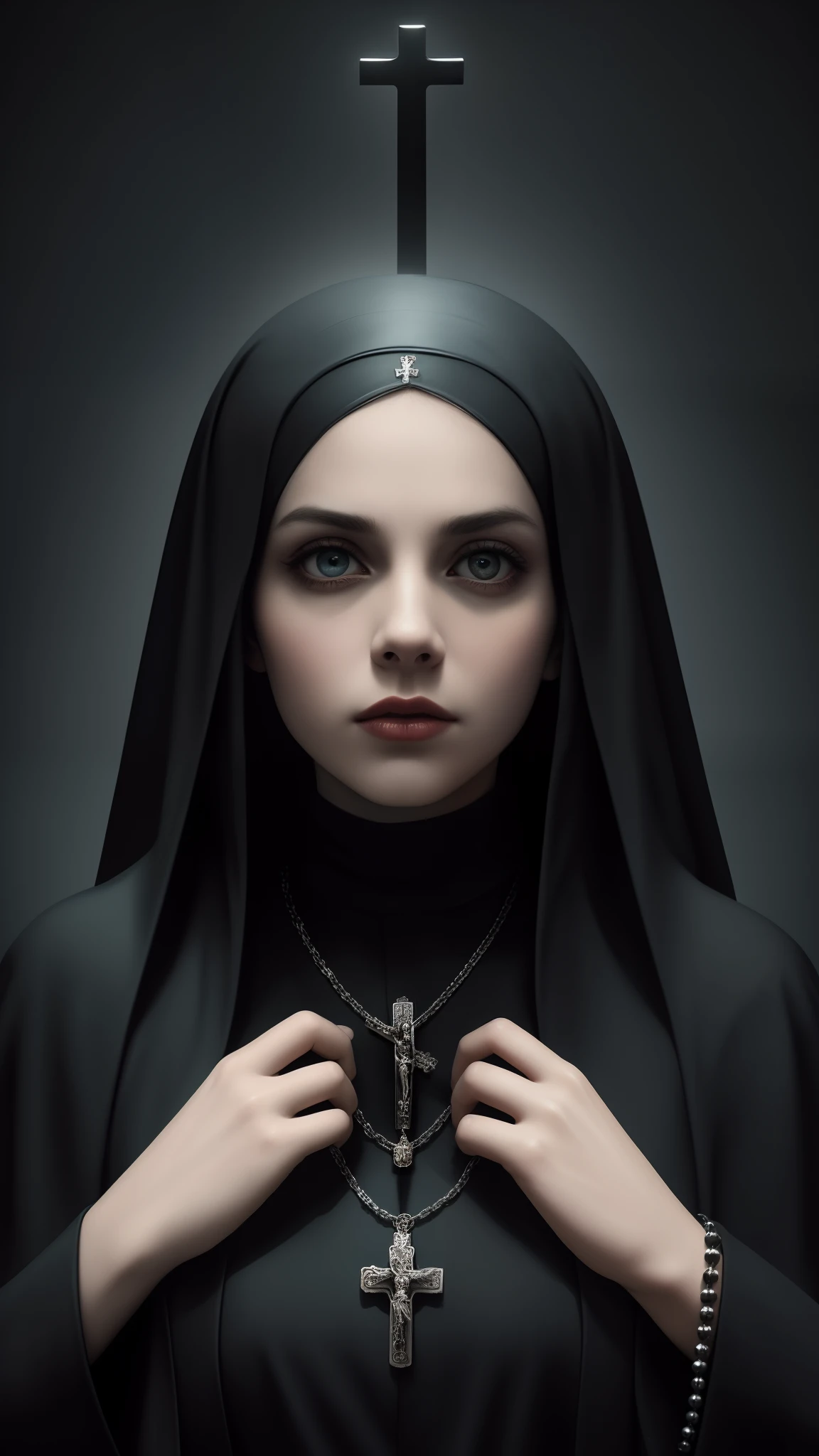 (closeup:1.1,poster) nun,[movie:1.2] poster,vivid colors,dramatic lighting,striking poses,vintage style,detailed habit,mysterious eyes,rosary beads,sacred symbols,religious imagery,dark background,haunting atmosphere,emotional expressions,ethereal beauty,gothic aesthetic,classic design