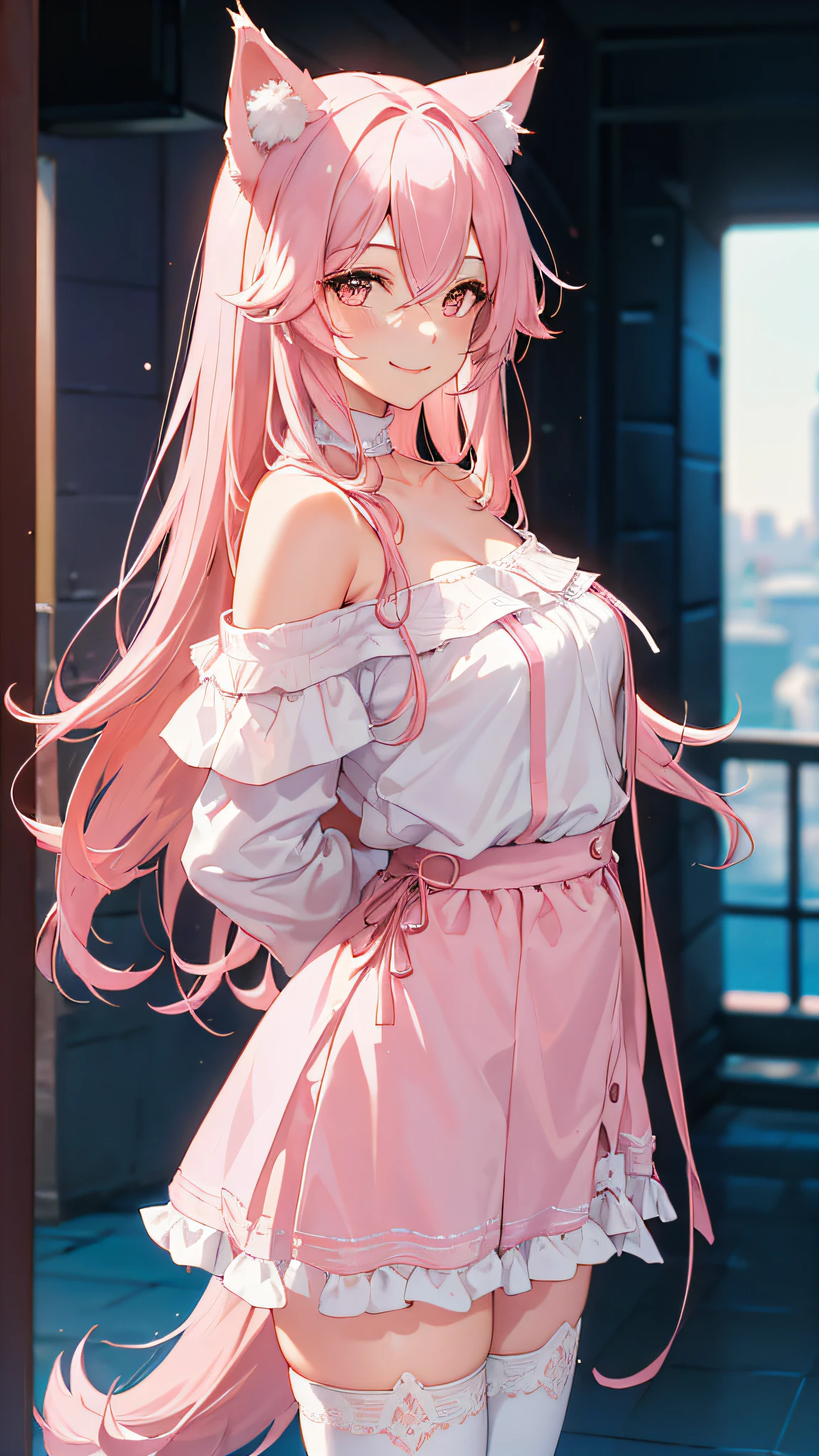 (masterpiece, best quality), ((1girl, (mature female) long pink hair), (wolf ears)), (arms behind back, looking at viewer, light smile, off shoulder, cowboy shot), (chromatic aberration), stockings