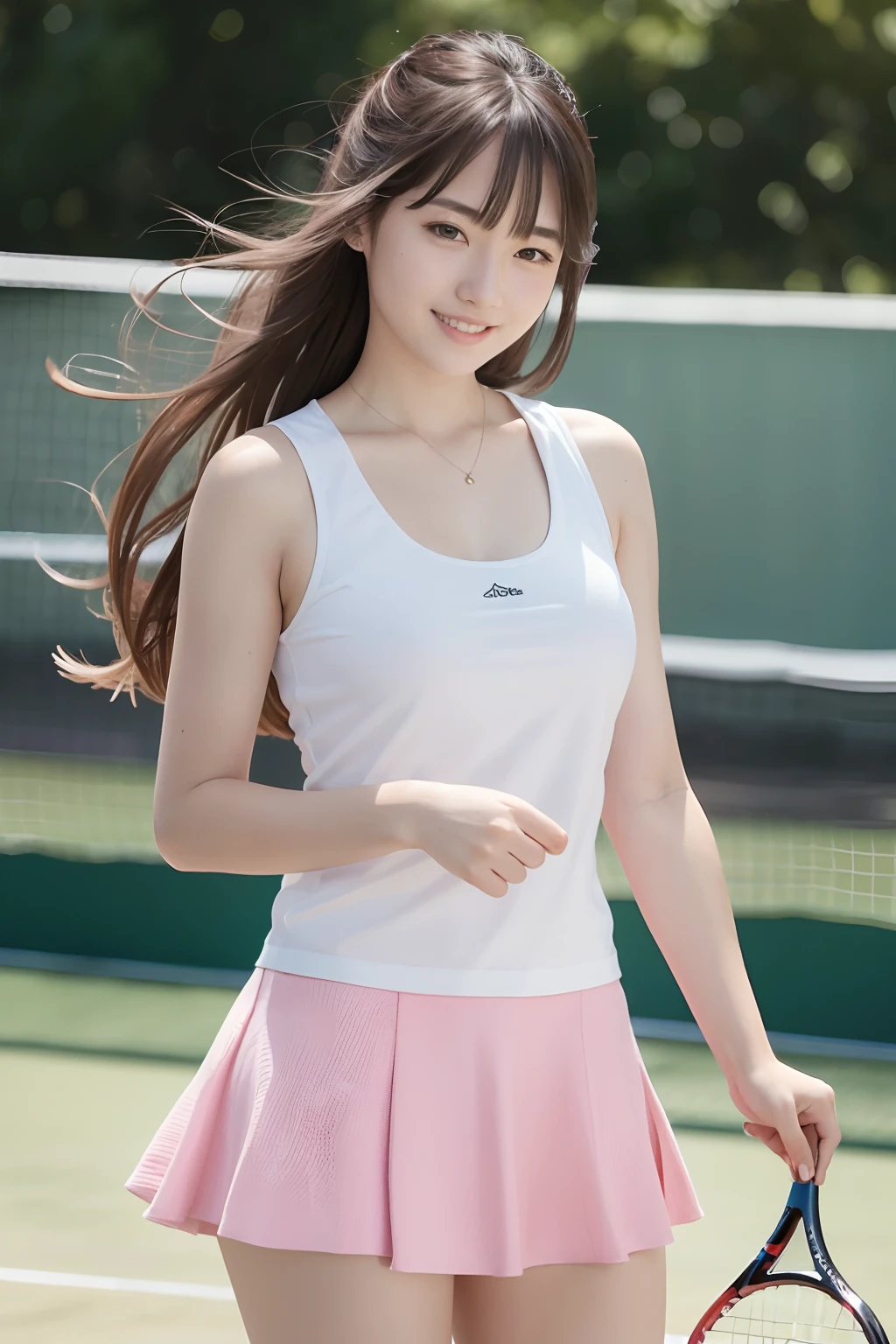 (8K, Best Quality, Masterpiece: 1.2), (Realistic, Photorealistic: 1.37), Super Detail, 1 Girl, 20 years old, Big, Beauty, Cute, Smile, Solo, Tennis Wear, Mini Skirt, Tennis Court, Racket, Tennis Ball, (Redness of the Nose), (Smile: 1.15), (Mouth Closed), Beautiful Eyes, (Long Hair: 1.2), Floating Hair Novafrog style, upper body