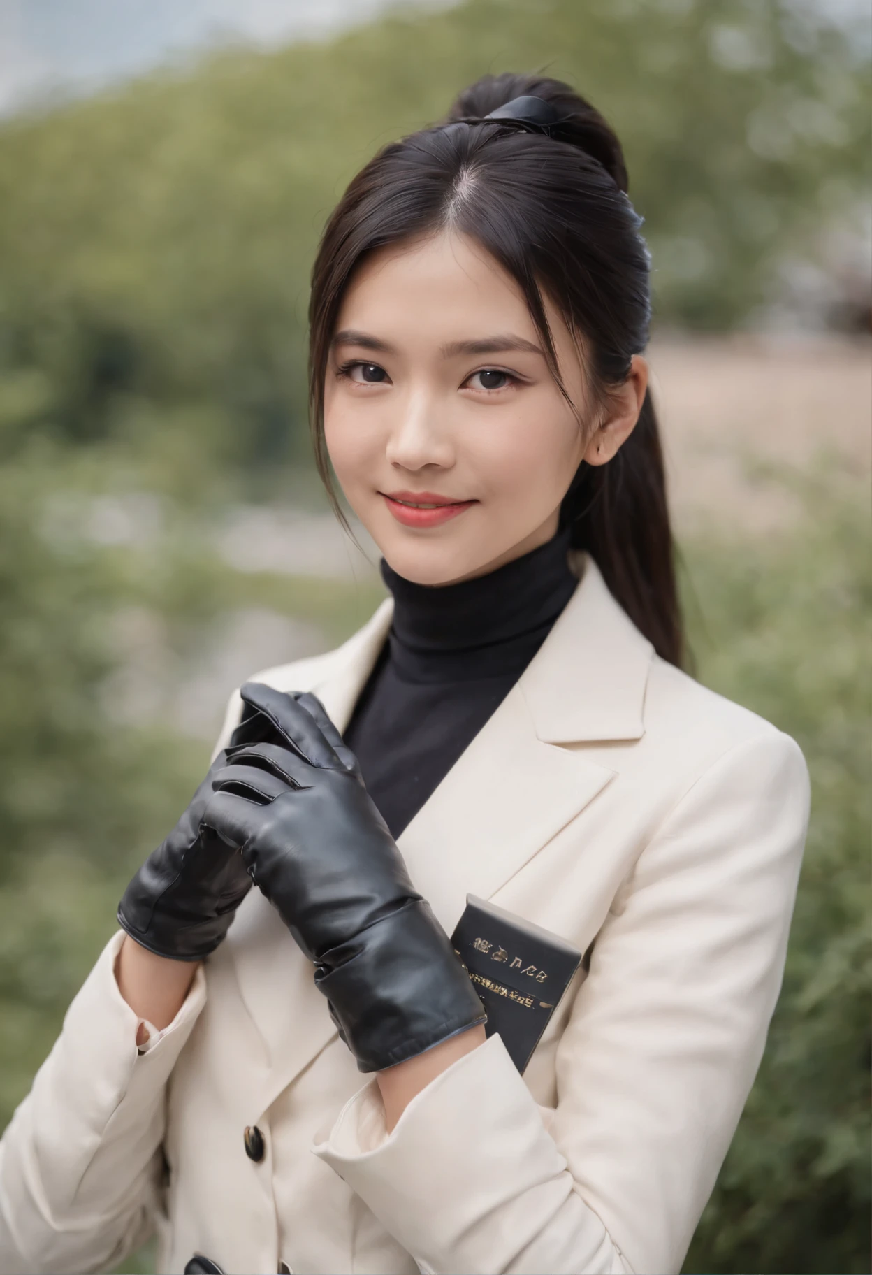 lack leather gloves in both hands, blazer and ribbon uniform, black hair ponytail, upper body, conversation with a smile with a black smartphone, cute Japanese girl (black leather gloves covering both hands) traveling alone