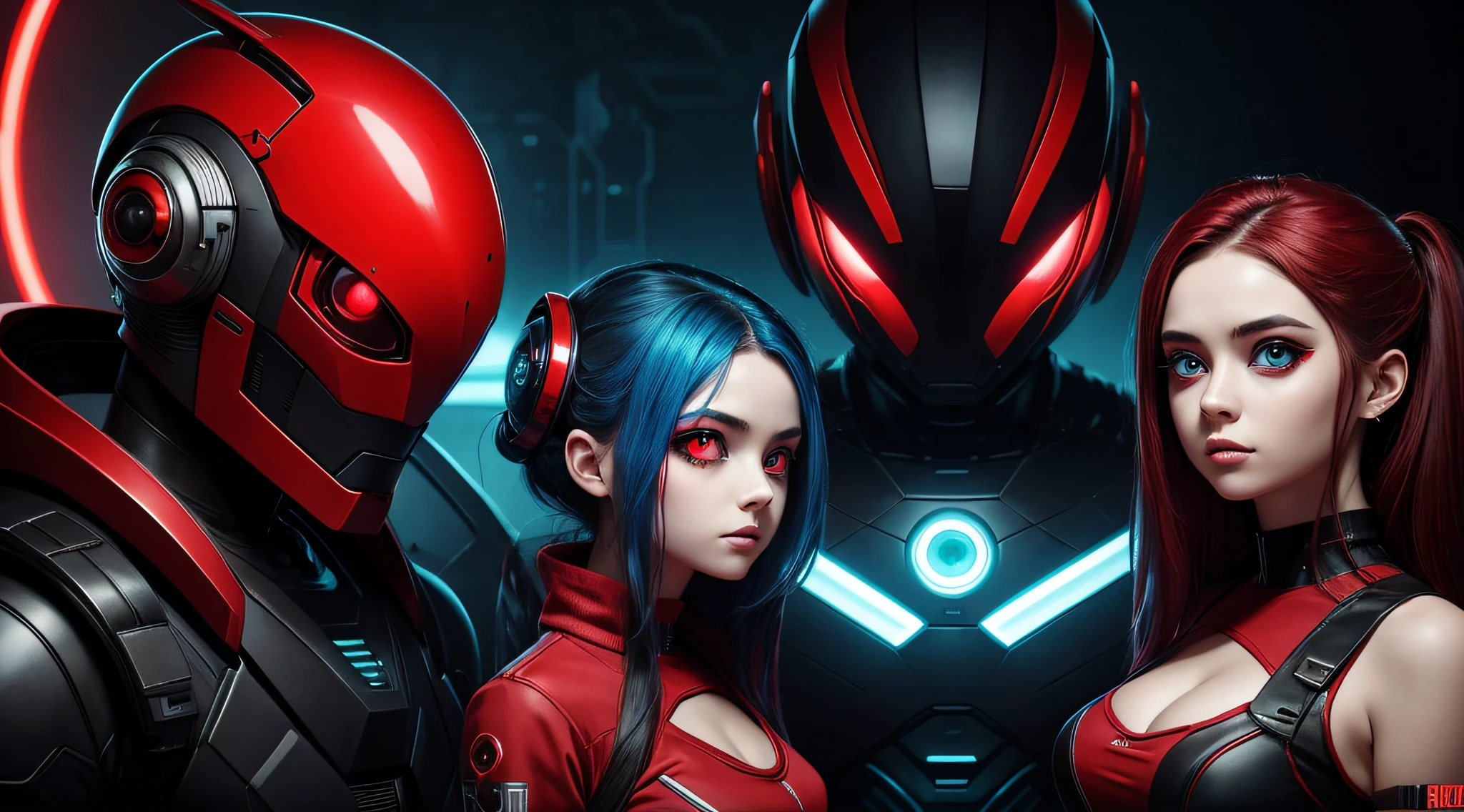 sci-fi，It depicts a young couple wearing colored sclera and red and a huge alien big cute with robot eyes
