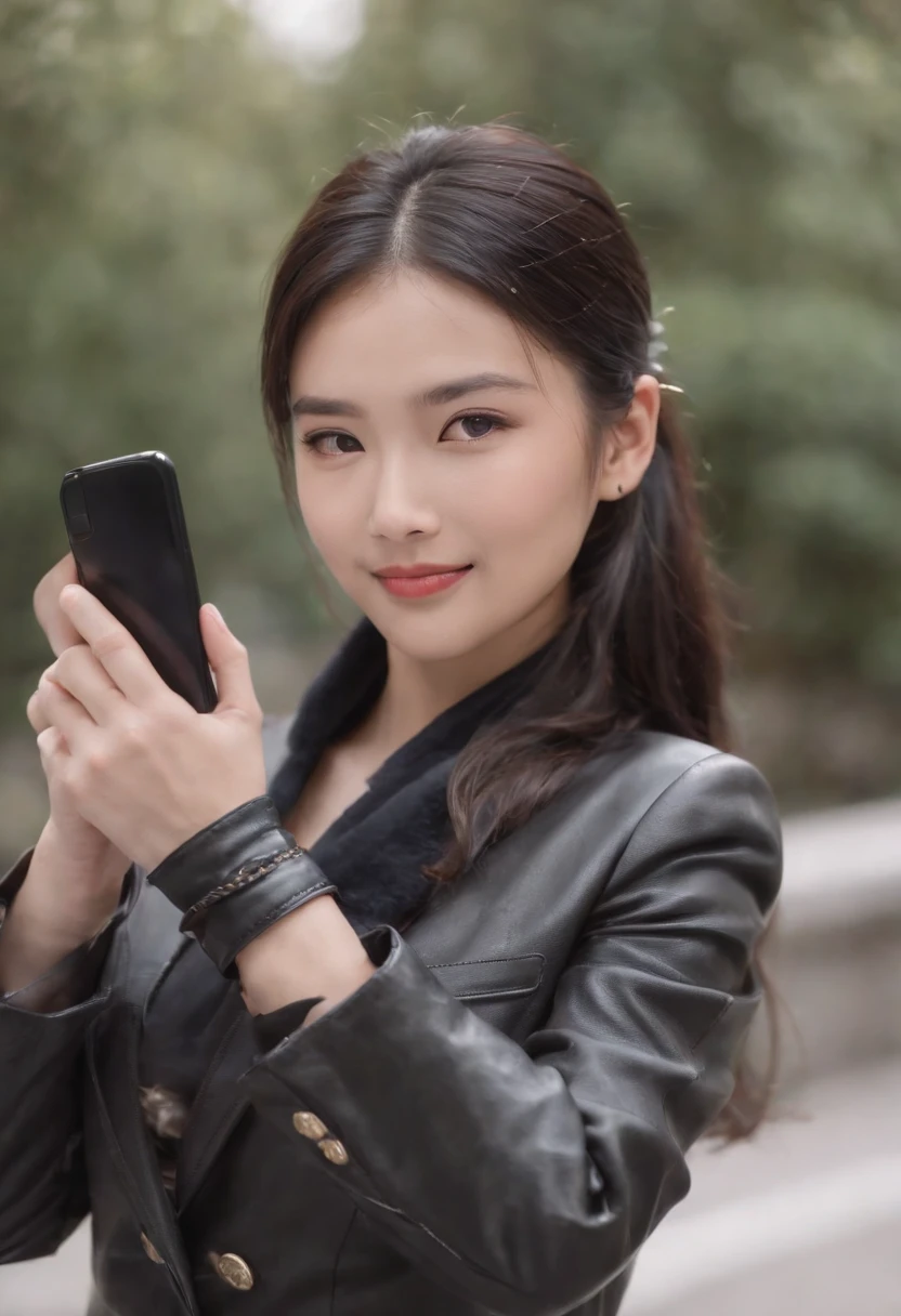lack leather gloves in both hands, blazer and ribbon uniform, black hair ponytail, upper body, conversation with a smile with a black smartphone, cute Japanese girl (black leather gloves covering both hands) traveling alone