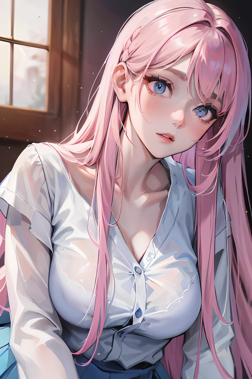 6-person dormitory, bed mountain, indoor environment, long shot, long view, girl, delicate facial features, reddish face, official art, masterpiece, sharp focus, (beautiful gorgeous cute Korean woman: 1.3), (beautiful cute Korean: 1.3), Korean beauty, delicate beautiful hair and eyes and face, realistic, super detailed, beautiful girl, glowing white particles, (sidelighting: 1.2), foggy sky, slender, cute, brow furrowed, long straight hair, sexy facial expression, dynamic hair, long straight hair, fine platinum-pink hair, glowing blue eyes, (blue pleated shirt + white skirt), white stockings, pale skin, hair accessories, ,woman is tall ,
