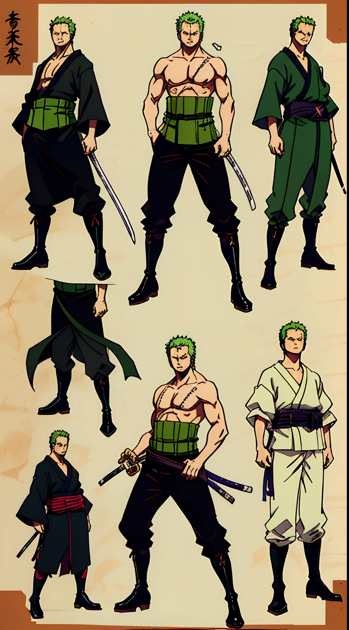 roronoa zoro, ((a man with three swords at waist, green kimono, japanese clothes, black high boots)), character design sheets, turnaround, character diagram, different poses, different angle