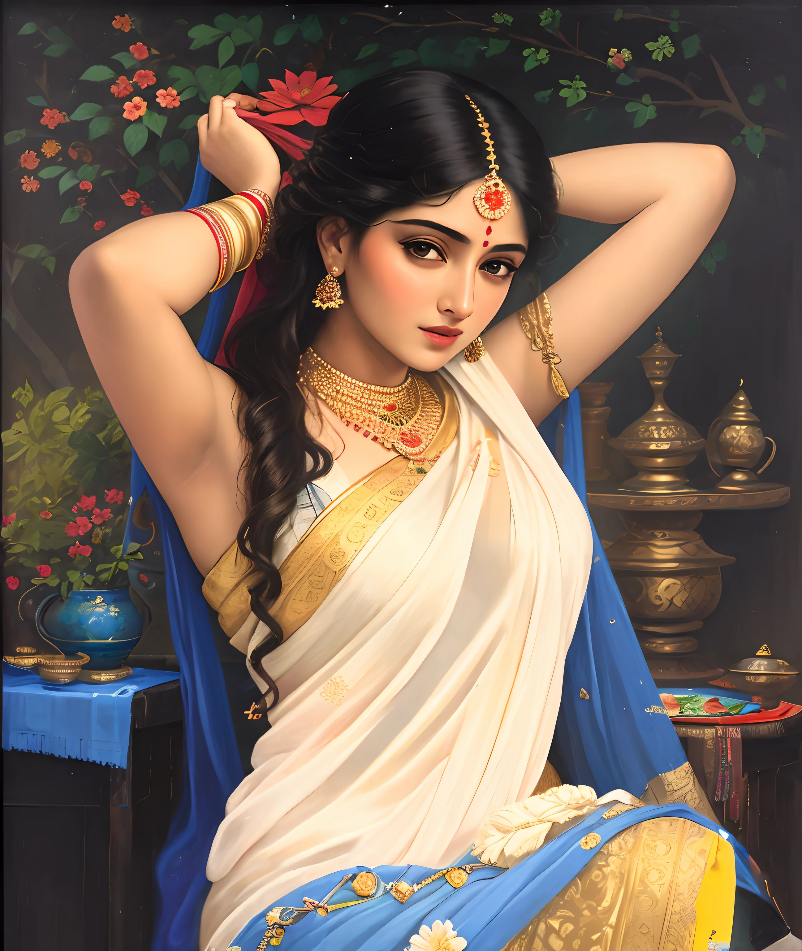 Bathing woman, gorgeous, Masterpiece,8k uhd, hdr, realistic, hyper realistic, intricate, vibrant colour, painting of a woman in a sari sitting on a chair, traditional beauty, inspired by Raja Ravi Varma, indian art, by Raja Ravi Varma, painting of beautiful, inspired by T. K. Padmini, painting of a woman, by Sardar Sobha Singh, gorgeous woman, oil on canvas painting, traditional painting, oil-painting