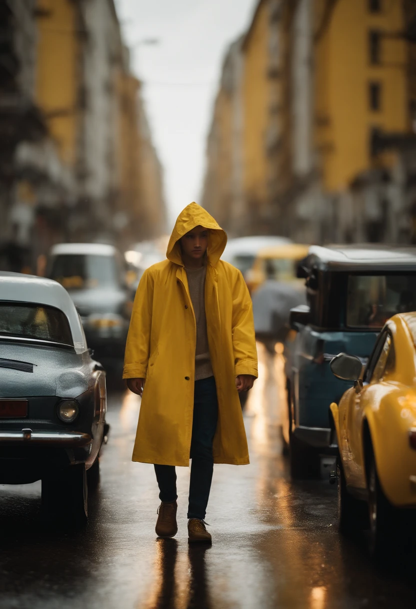 ia de chuvoso, Boy in a yellow raincoat standing in a traffic jam, traffic in background, carros com cores diferentes vibrantes, Traffic, heavy traffic, cena detalhada, estilo cartoon