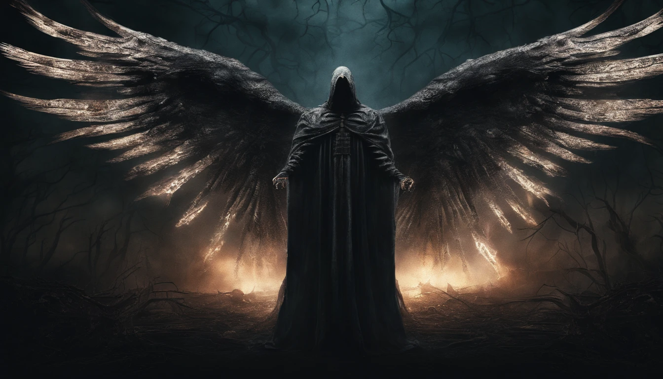 Cosmic Fallen Angel, Glowing bright eyes, biomechanical, Creepy, Creepy, nightmarish, Very bright colors, light particles, with luminous light, Wallpaper Art, UHD wallpaper,medieval garb