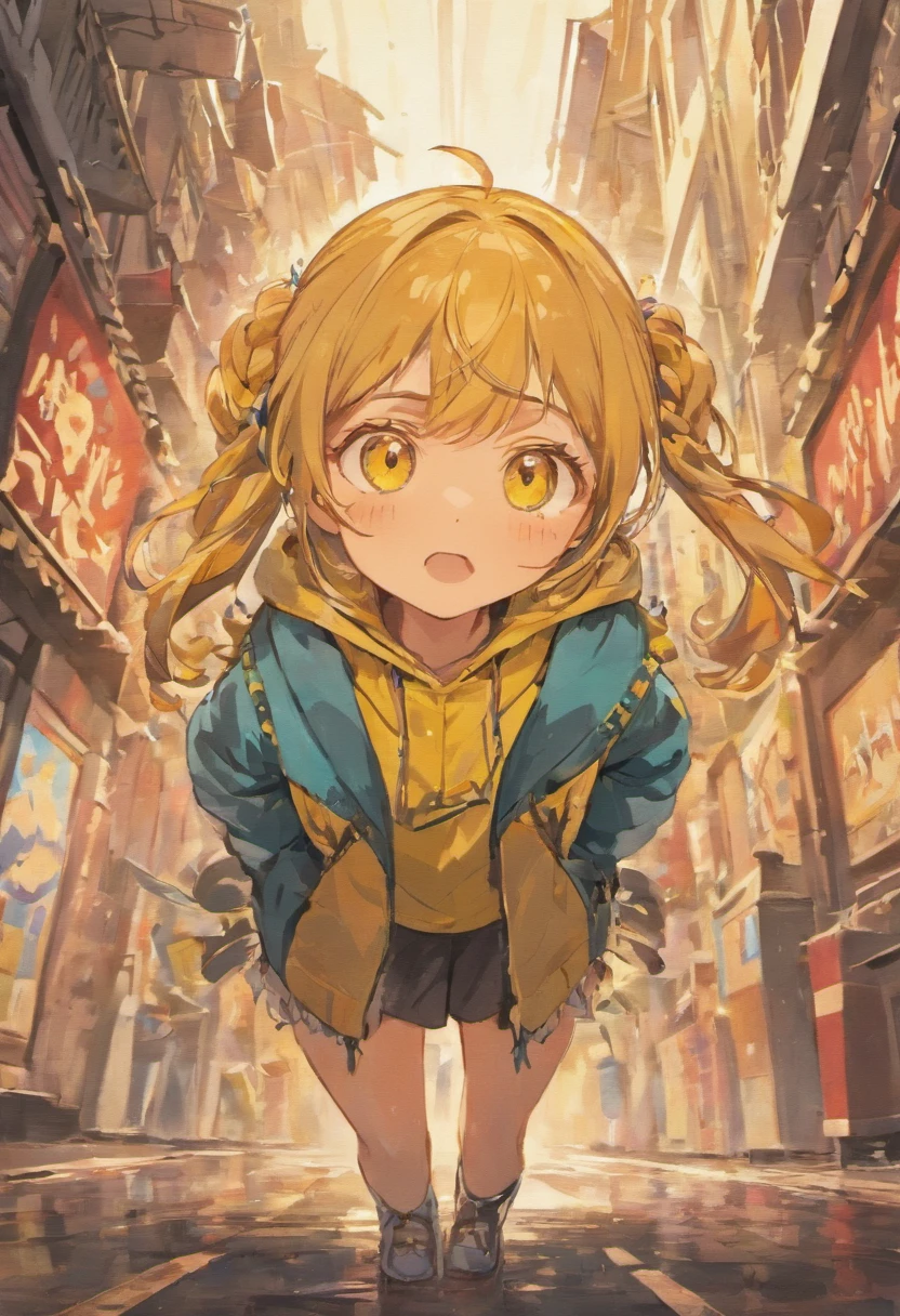 yellow eyes、Girls have shortcuts outside splashing，There are braids above the ears、Brown hair、Blue ribbon、Wear a Y-shirt、Thin ribbon at chest,、blackboards、Female protagonist、Parka