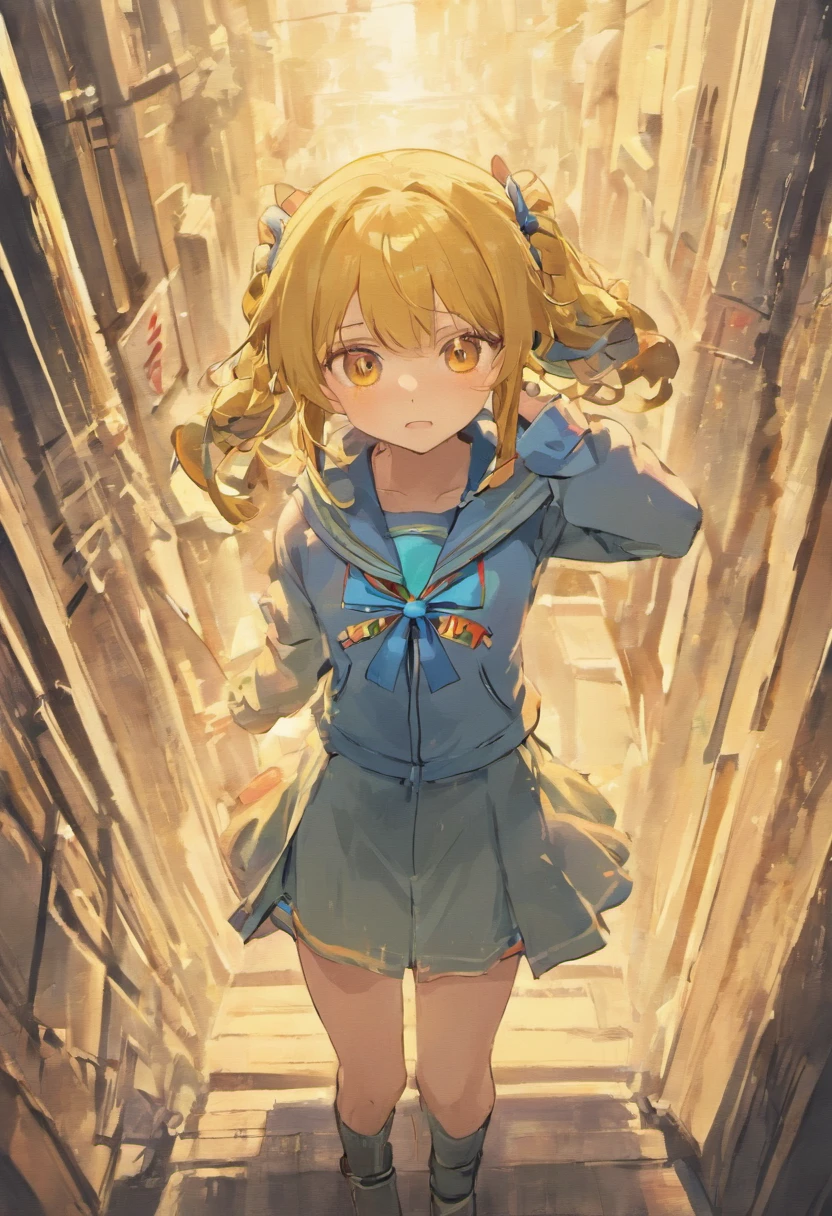 yellow eyes、Girls have shortcuts outside splashing,There are braids above the ears、Brown hair、Blue ribbon、Wear a Y-shirt、Thin ribbon at chest,、blackboards、Female protagonist、Parka