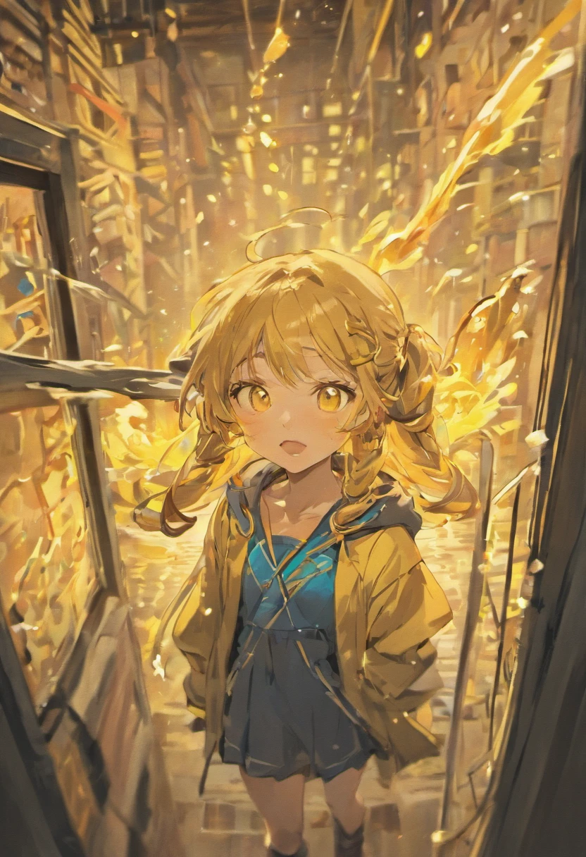 yellow eyes、Girls have shortcuts outside splashing，There are braids above the ears、Brown hair、Blue ribbon、Wear a Y-shirt、Thin ribbon at chest,、blackboards、Female protagonist、Parka