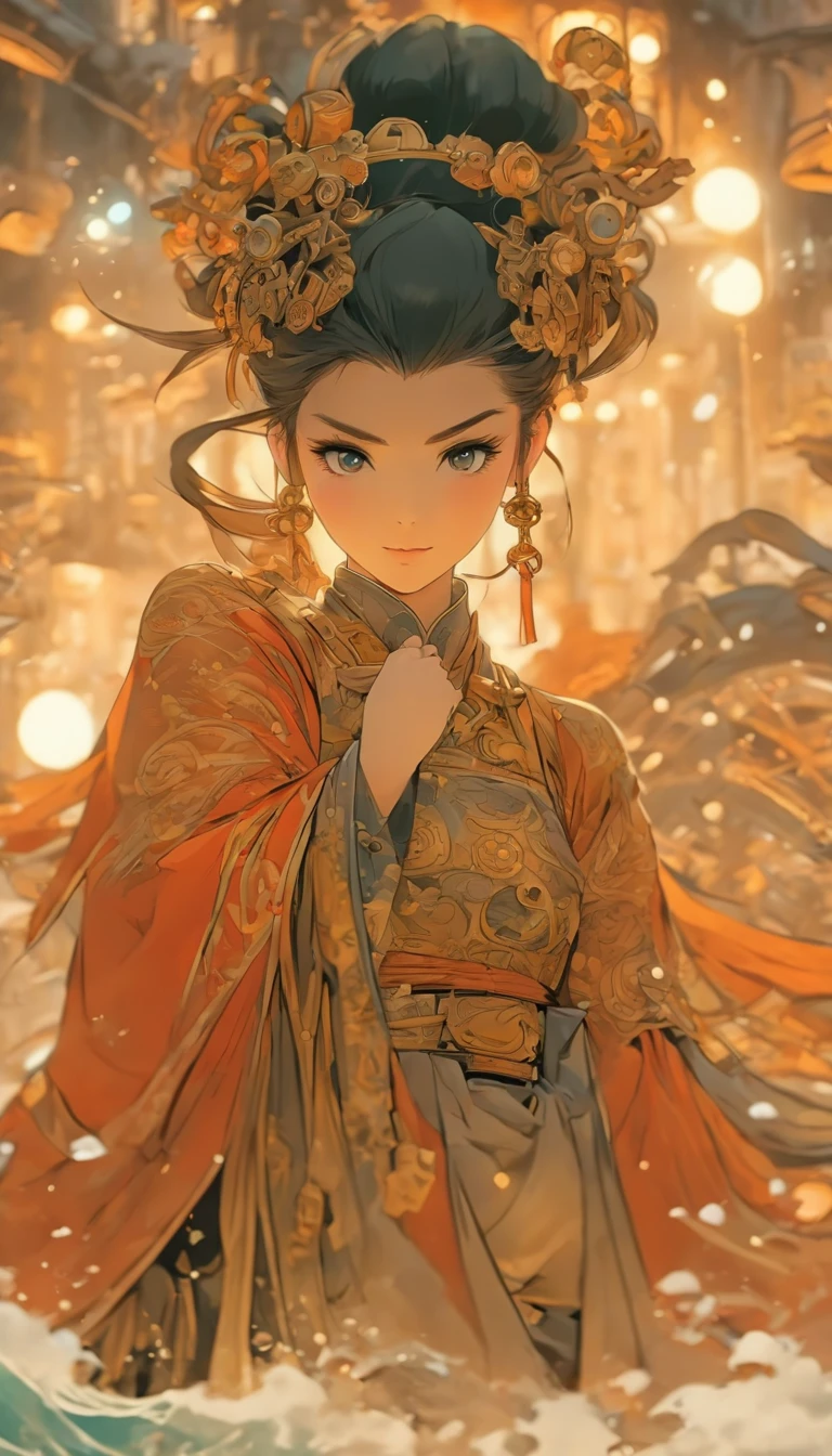 Chinese ink style，Steampunk world，Huge steampunk flyers and hanfu girls，Ink animation art，Ink comic art，water ink，ink，Smudge，8K，Delicately portrayed，Works of masters