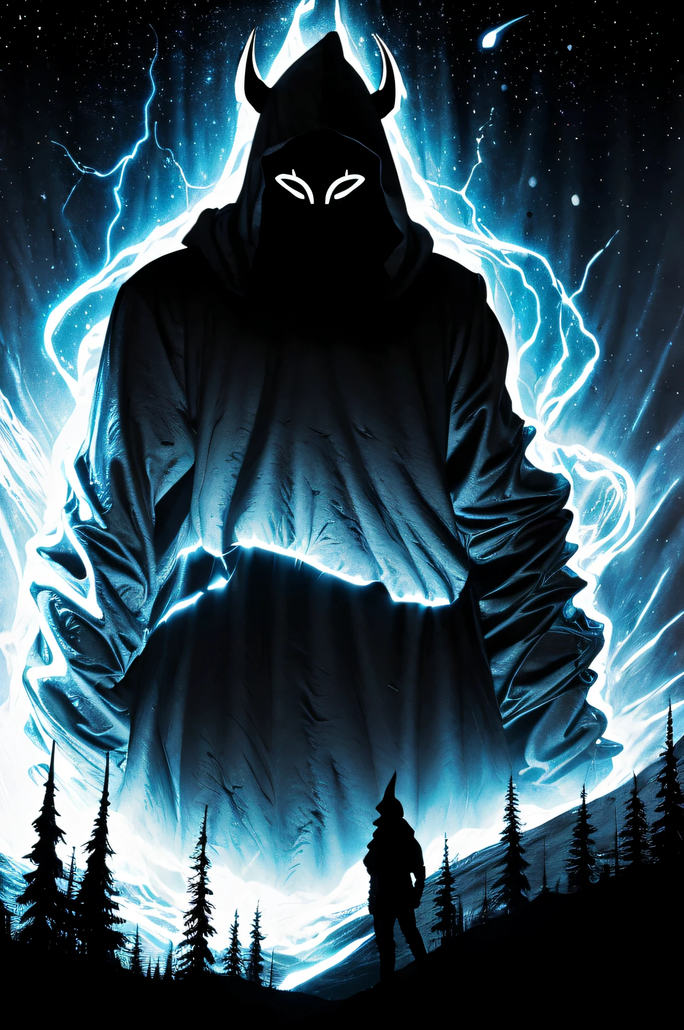 Surreal landscape with lunar glow, Features a masked image with unidentifiable features. The silhouette is enhanced with glowing symbols and symbols, Emphasized by the character's large hood and long claws.
