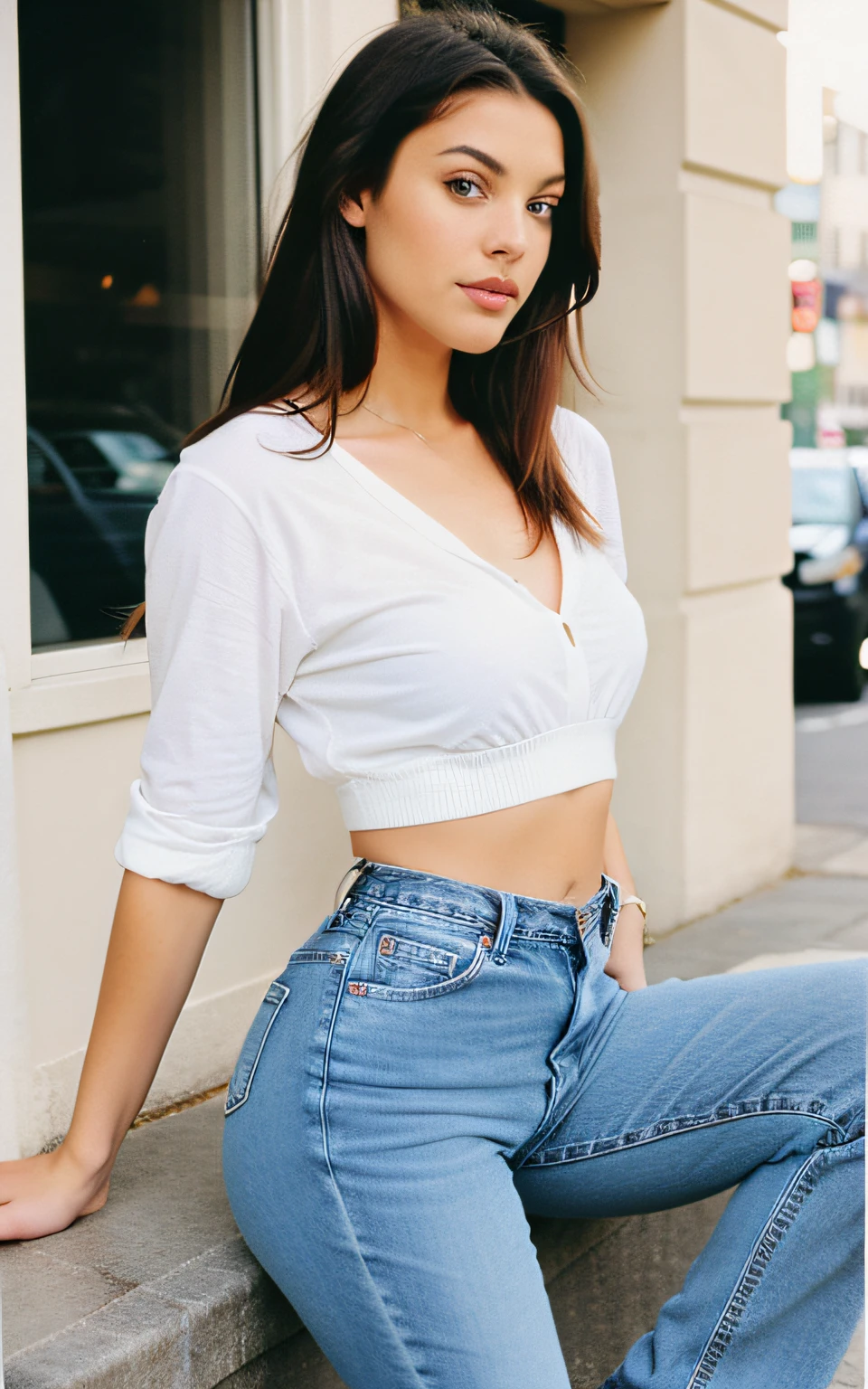 Kodak disposable camera photo of a beautiful female, foto of pretty young woman, brunette, slim, blue jeans