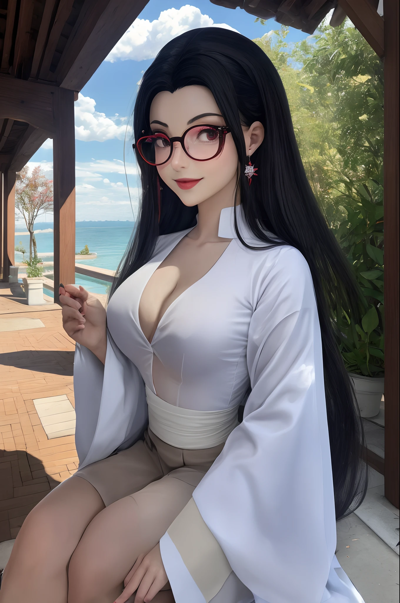 master part, 8K resolution, qualidade suprema, extraordinary creation, unparalleled craftsmanship, Retrato de moda, luz e sombra reduzidas, 1girl , Tohsaka also., Olhando para o Viewer, Outside, coxas, glasses, minissaia, coxas finas, corar, sorriso sedutor