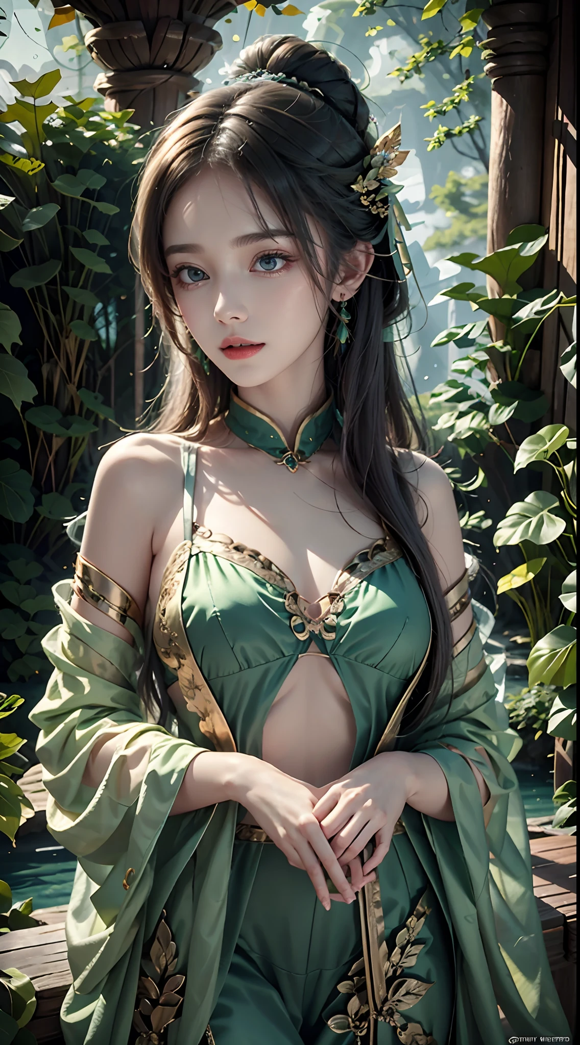 1 20-year-old girl, fairy princess, green clothes, nature clothes, nature panorama, sweet, beauty gril, twin sister.