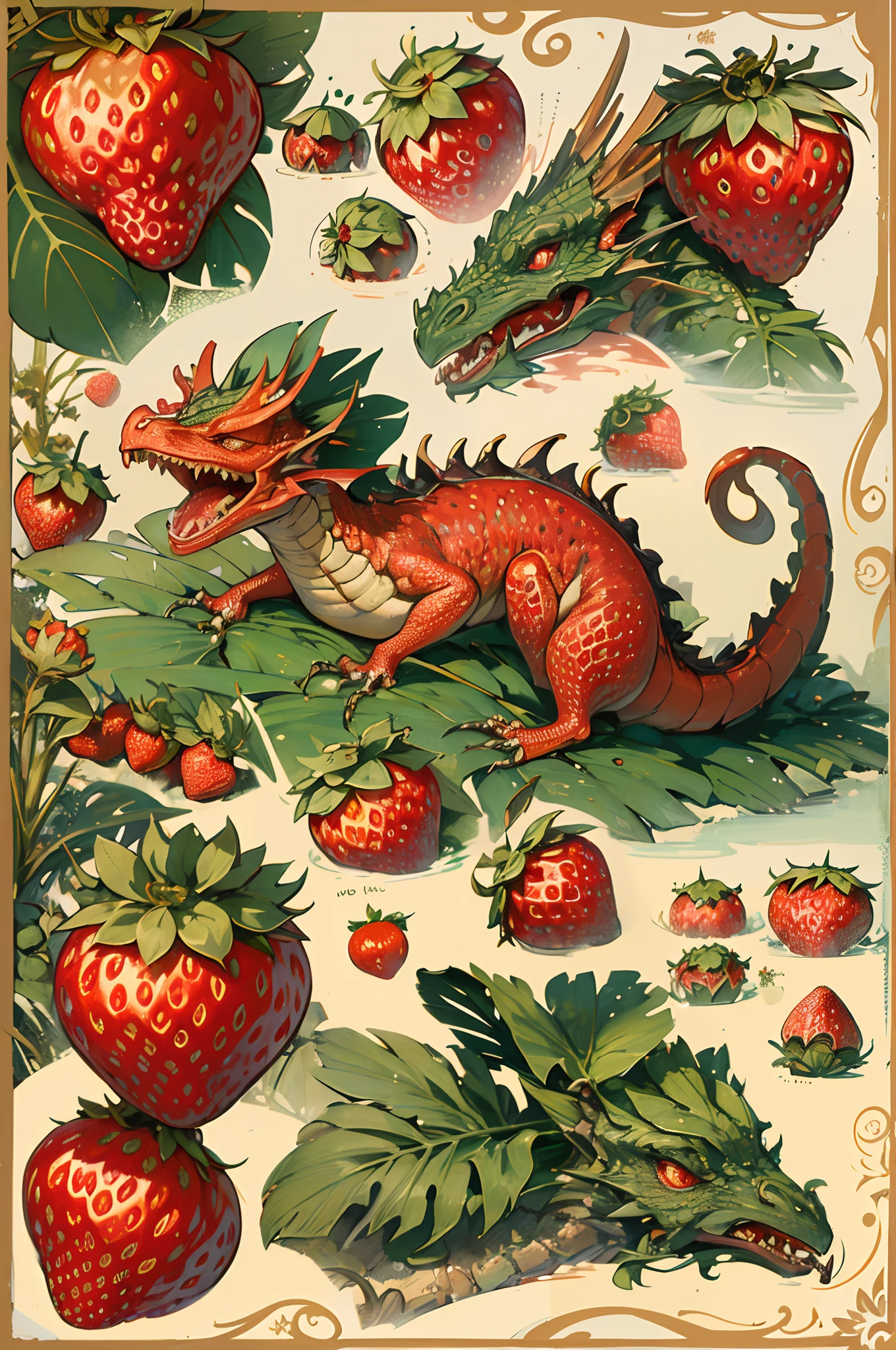 ((nobody))
Vintage Victorian style, Precise old encyclopedia (best quality:1.2), (detailed:1.2), (masterpiece:1.2), vintage illustrations of small strawberry dragon, berry dragon, red dragon, strawberries