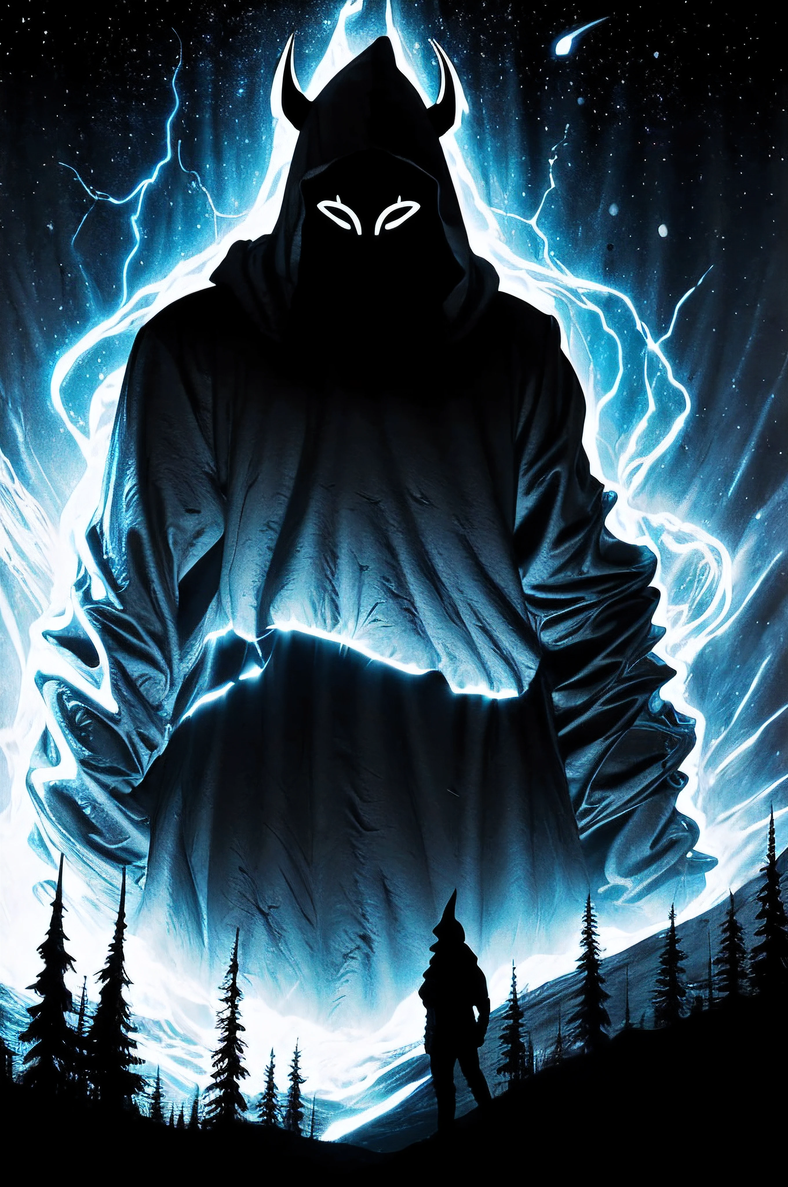 Surreal landscape with lunar glow, Features a masked image with unidentifiable features. The silhouette is enhanced with glowing symbols and symbols, Emphasized by the character's large hood and long claws.