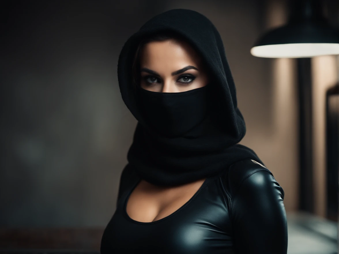 sexy, hot, busty semi-nude woman with black balaclava