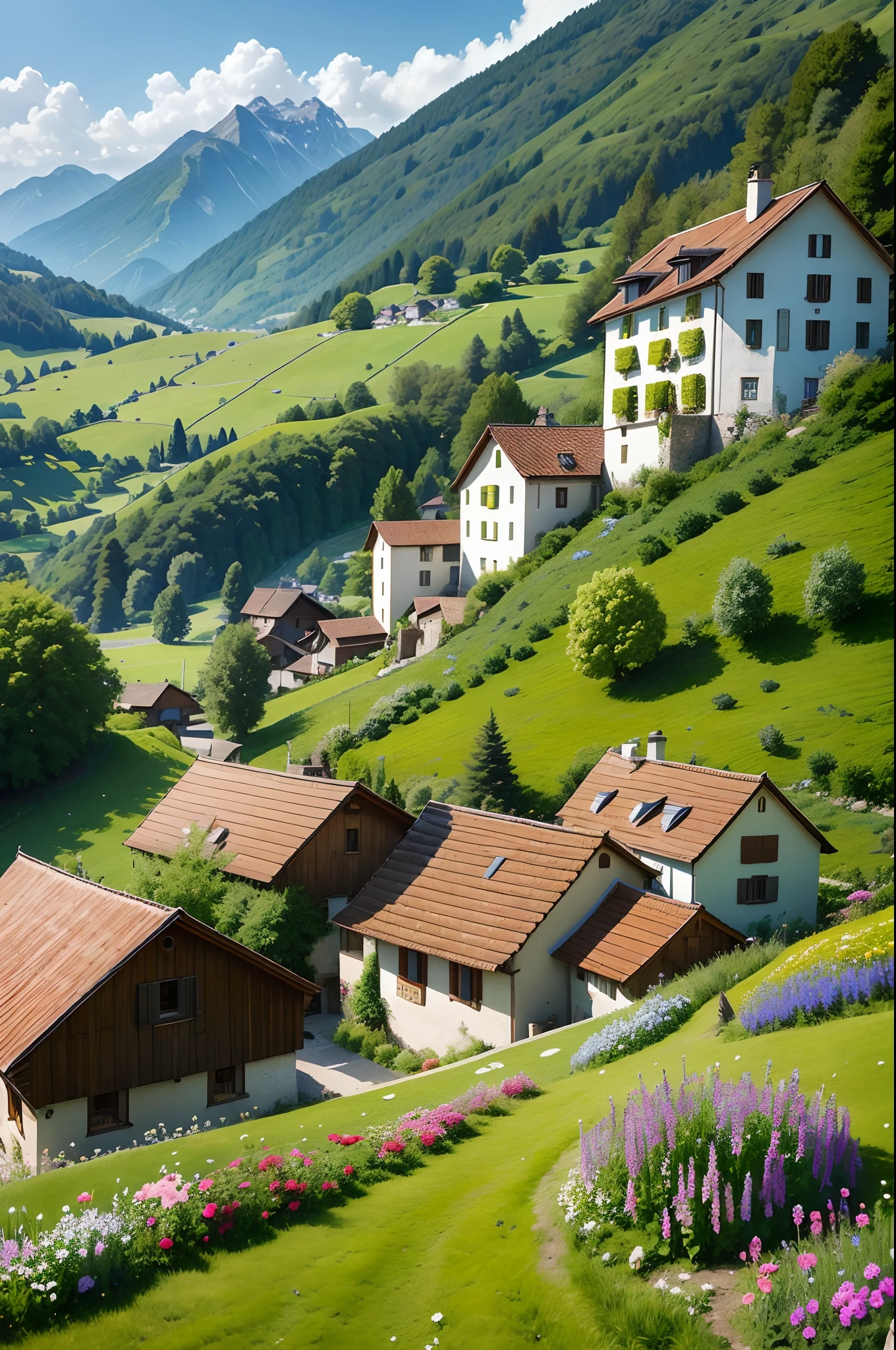 Peaceful and idyllic countryside, Rolling green hills dotted with grazing sheep, Charming villa,Set amidst vibrant flowers, Clear blue sky overhead, Evokes a sense of peace and simplicity, Valle encantador, switzerland, patches of green fields, lush countryside, Valle exuberante,An idyllic village in Milan,,verdant green fields,above a village,Rolling terraces,Colorful garden of flowers and plants,Alpine scenery in the Swiss countryside under the Alps,Carl Sessel Bern,Majestic nature, Swiss architecture, lindo cenario, rios,waterfallr