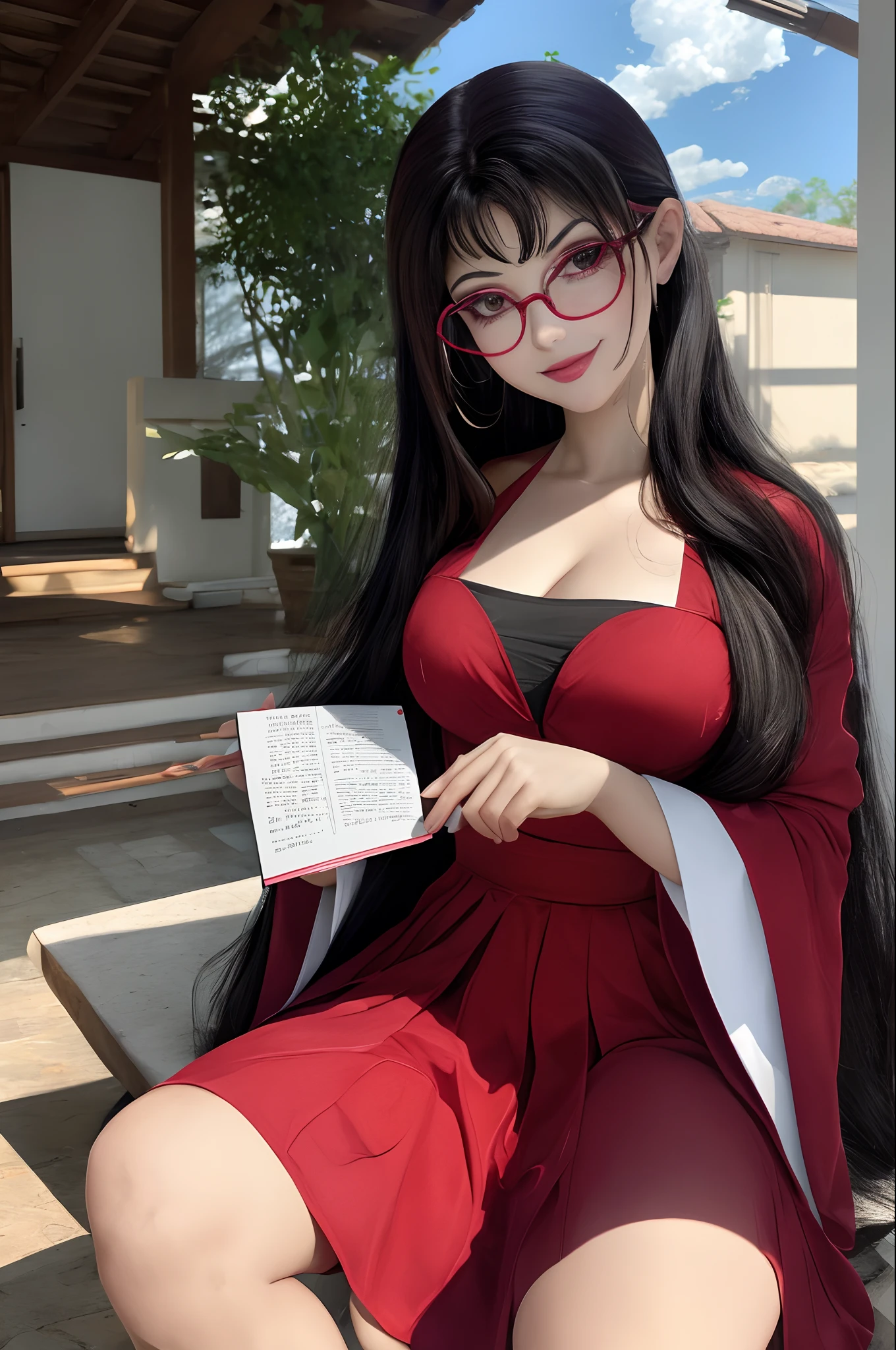 master part, 8K resolution, qualidade suprema, extraordinary creation, unparalleled craftsmanship, Retrato de moda, luz e sombra reduzidas, 1girl , Tohsaka also., Olhando para o Viewer, Outside, coxas, glasses, minissaia, coxas finas, corar, sorriso sedutor