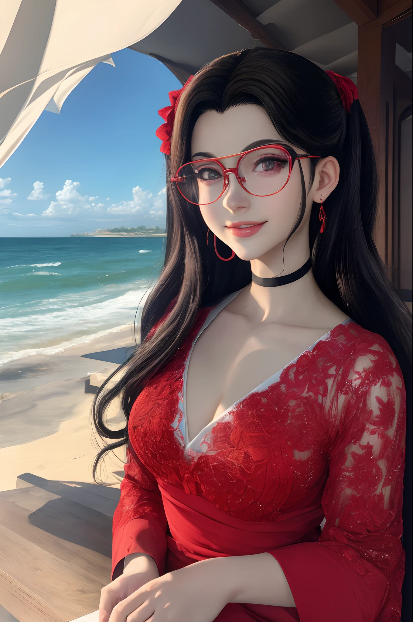 master part, 8K resolution, qualidade suprema, extraordinary creation, unparalleled craftsmanship, Retrato de moda, luz e sombra reduzidas, 1girl , Tohsaka also., Olhando para o Viewer, Outside, coxas, glasses, minissaia, coxas finas, corar, sorriso sedutor