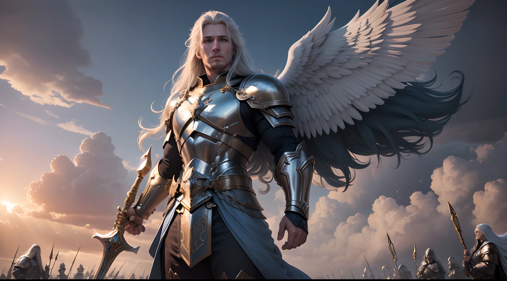 (best quality,4k,8k,highres,masterpiece:1.2),ultra-detailed,(realistic,photorealistic,photo-realistic:1.37),male archangels,strong,large,warrior angels,blue war outfits,angel of war,divine male angel,heavenly soldier,glorious celestial warriors,soldiers of God,imposing presence,majestic wings,auras of power,fierce expressions,shining armor,divine light,storm of holy energy,divine protection,divine intervention,mighty swords,celestial shields,armored chestplates,long flowing hair,angelic features,commanding presence,holy mission,standing together against evil,enveloped in heavenly light,guardians of the celestial realm,holy battle,divine justice,courageous defenders of truth,heroes of light,victorious warriors,endless strength and bravery,overcoming darkness with their might,determination,duty to protect the heavens.