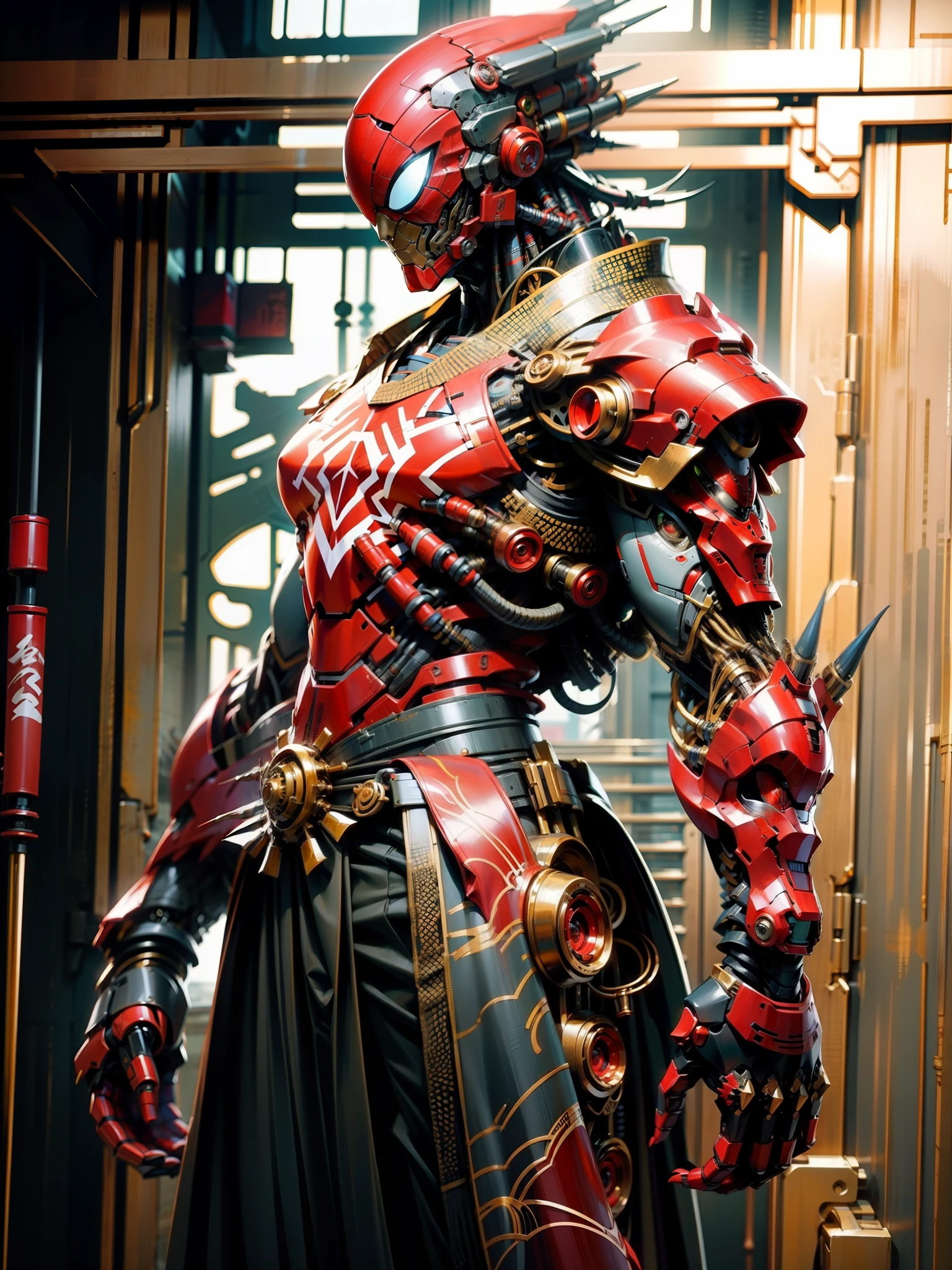 ((masterpiece)), ((best quality)), 8k, high detailed, ultra-detailed, mechanical spiderman head, wearing japanese traditional clothing, samurai element, black and red color, big mecha robot