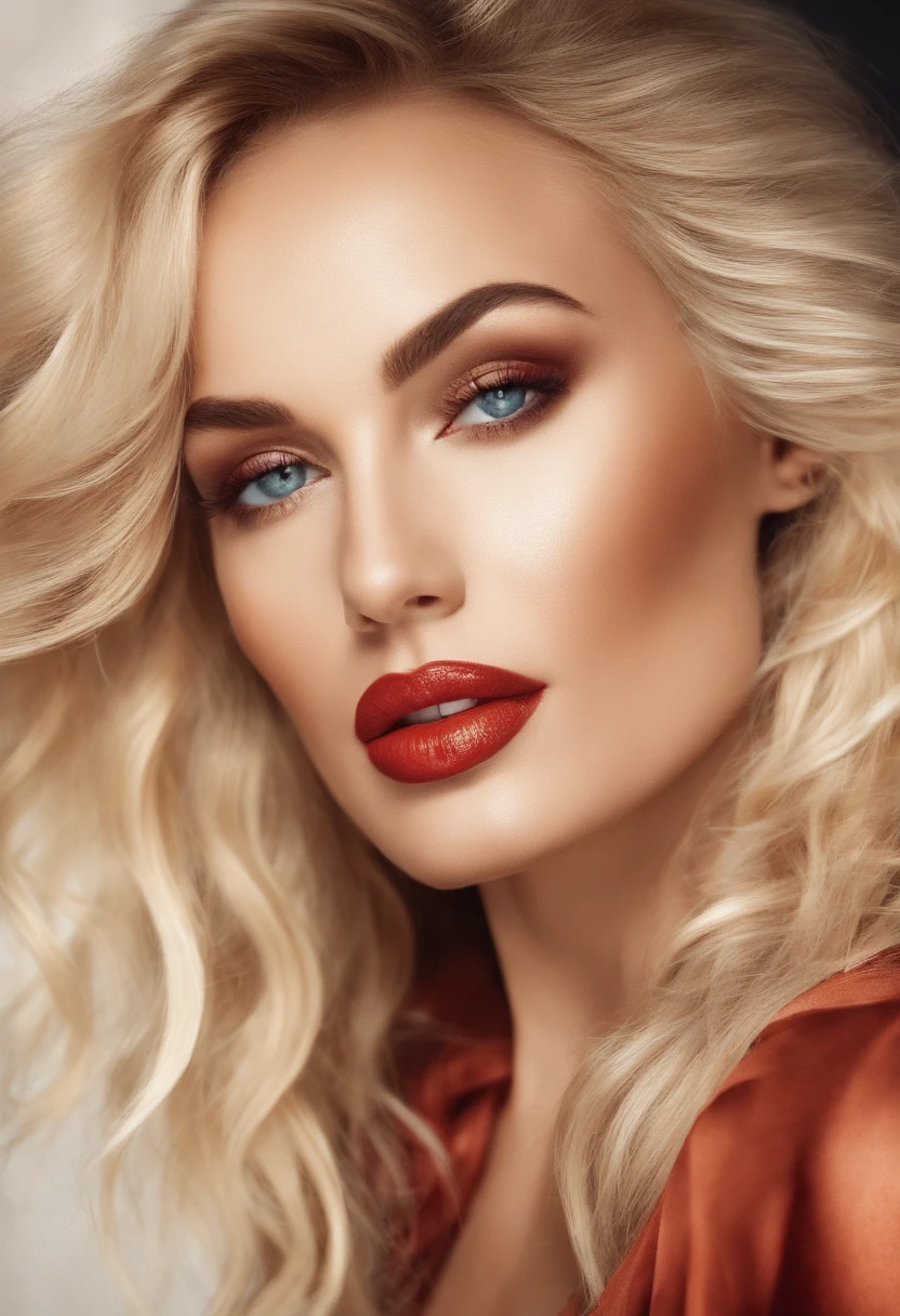 Beautiful woman with golden hair, golden eyes, and full red lips, she is the goddess of lust, ethereal glow, golden eyes glow