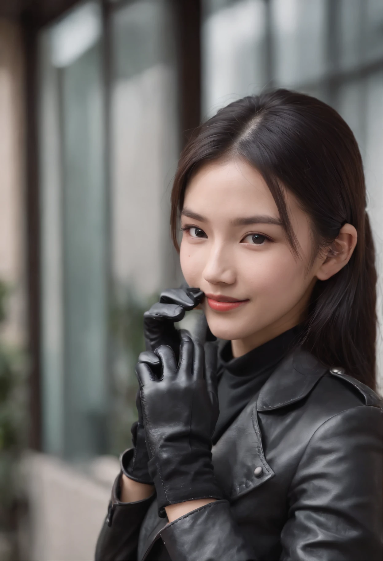 lack leather gloves in both hands, blazer and ribbon uniform, black hair ponytail, upper body, conversation with a smile with a black smartphone, cute Japanese girl (black leather gloves covering both hands) traveling alone