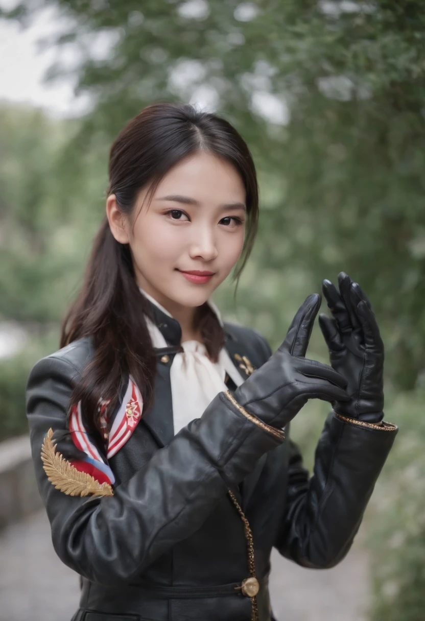 lack leather gloves in both hands, blazer and ribbon uniform, black hair ponytail, upper body, conversation with a smile with a black smartphone, cute Japanese girl (black leather gloves covering both hands) traveling alone