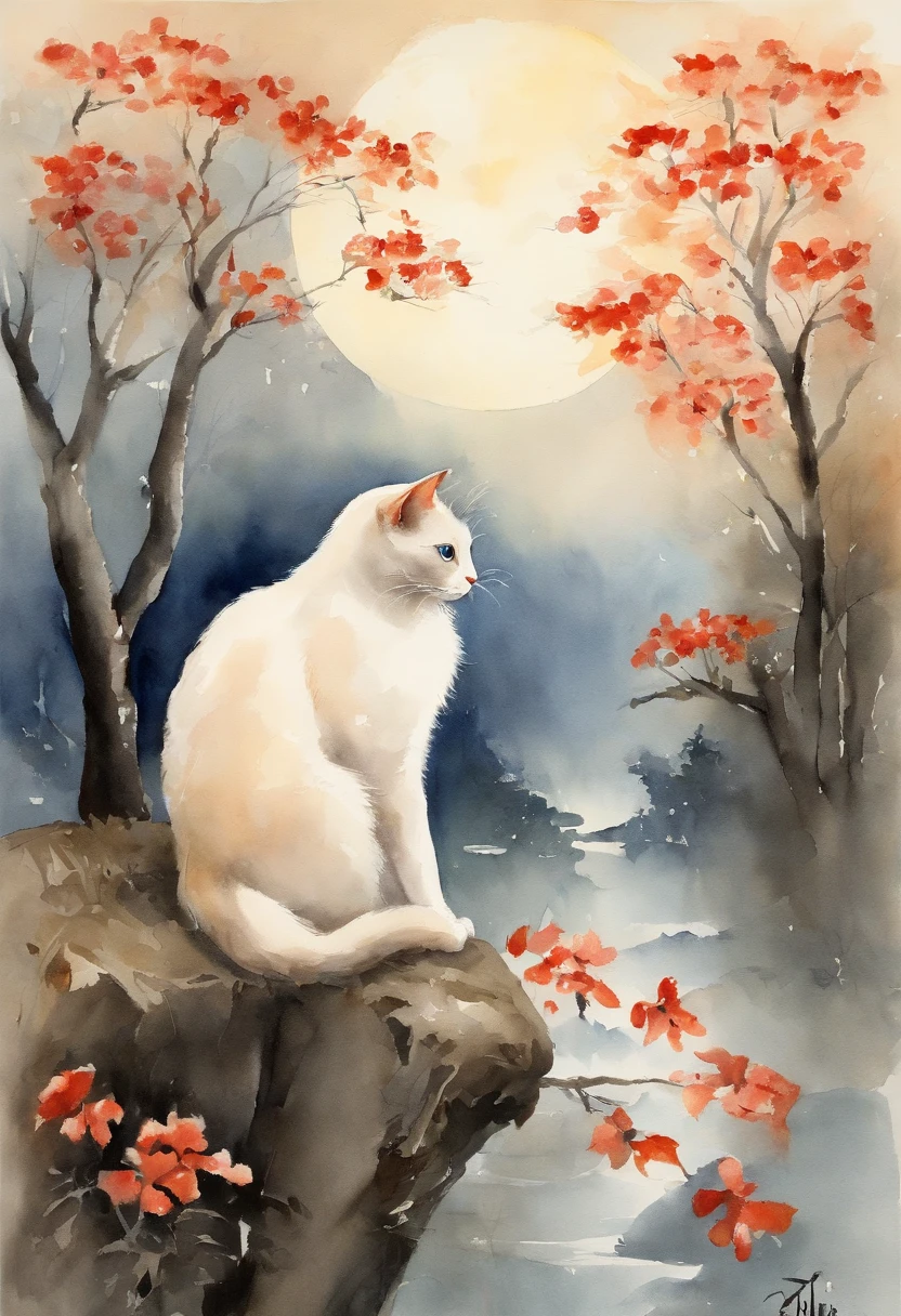 ​masterpiece、top-quality、morning、Siamese cat、stele、a moon、the woods
