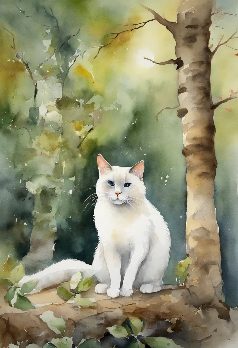 ​masterpiece、top-quality、morning、Siamese cat、stele、a moon、the woods