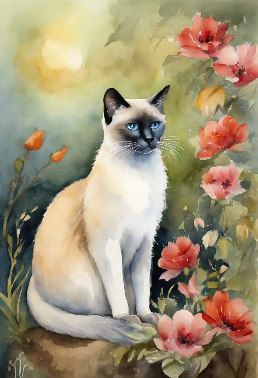 masterpiece、top-quality、morning、Siamese cat、stele、a moon、the woods