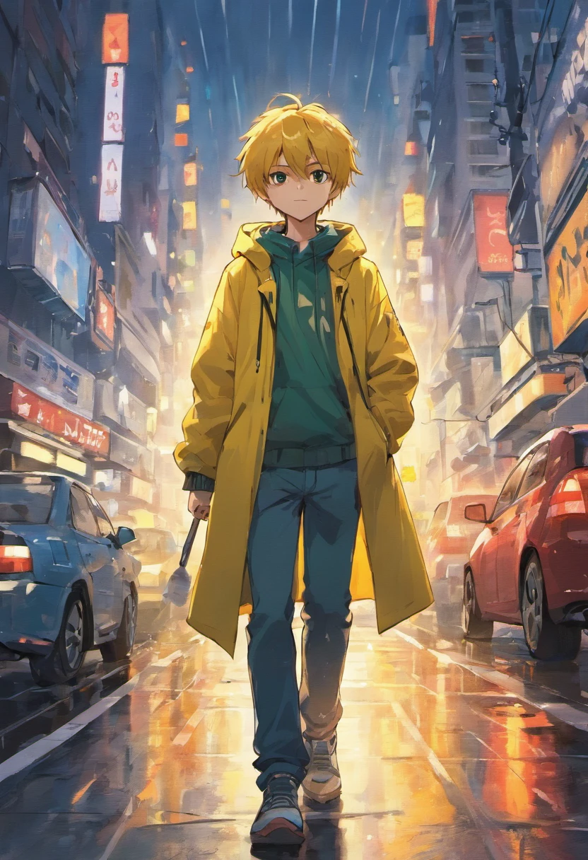 dia de chuvoso, Boy in a yellow raincoat standing in a traffic jam, traffic in background, carros com cores diferentes vibrantes, Traffic, heavy traffic, cena detalhada, estilo cartoon