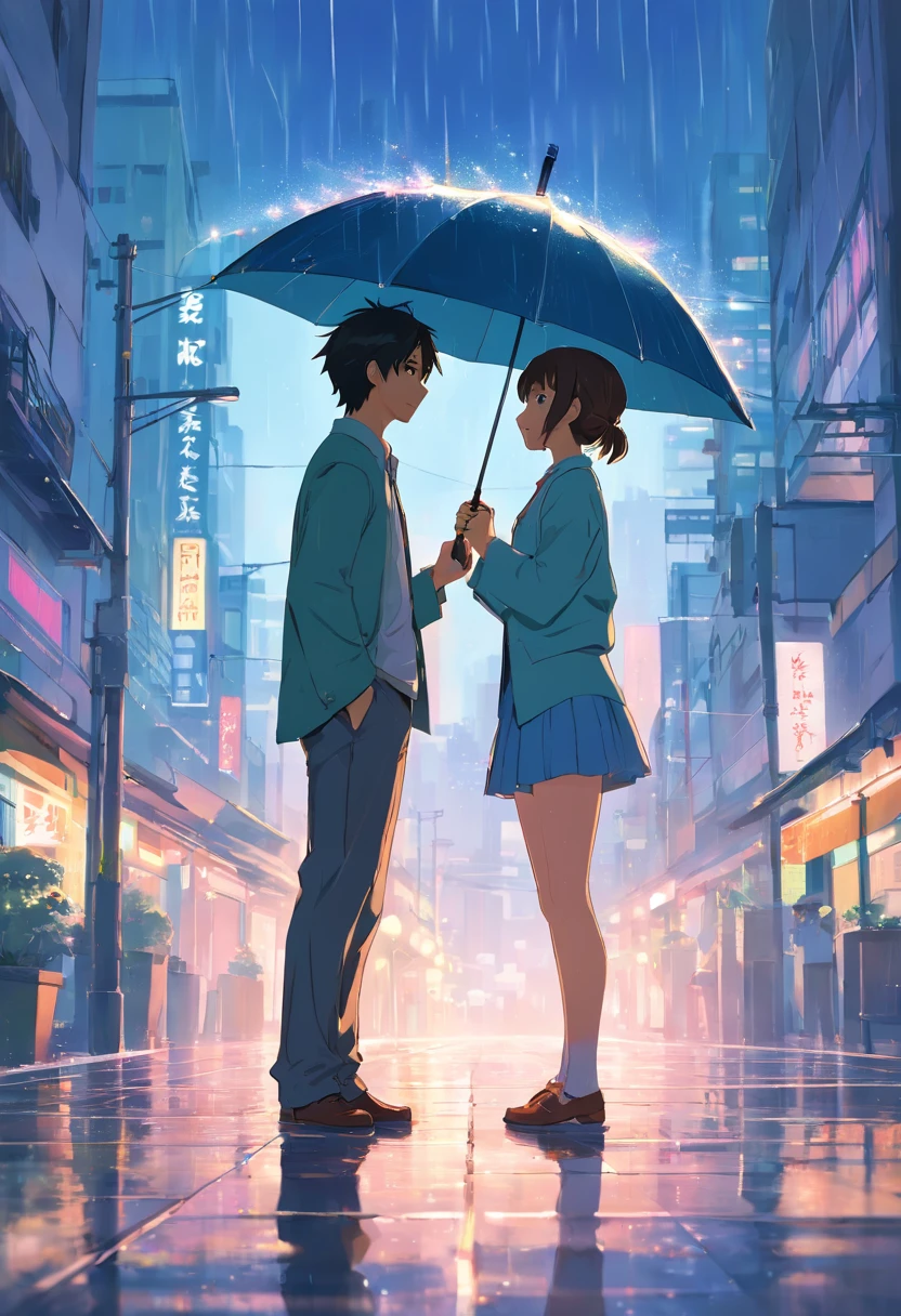 Highest image quality,Outstanding details,超高分辨率,The best illustration,Favor the details,Highly cohesive 1girl,The male protagonist knelt in the rain and begged the female protagonist to go back,The heroine held an umbrella and handed him a wedding invitation。