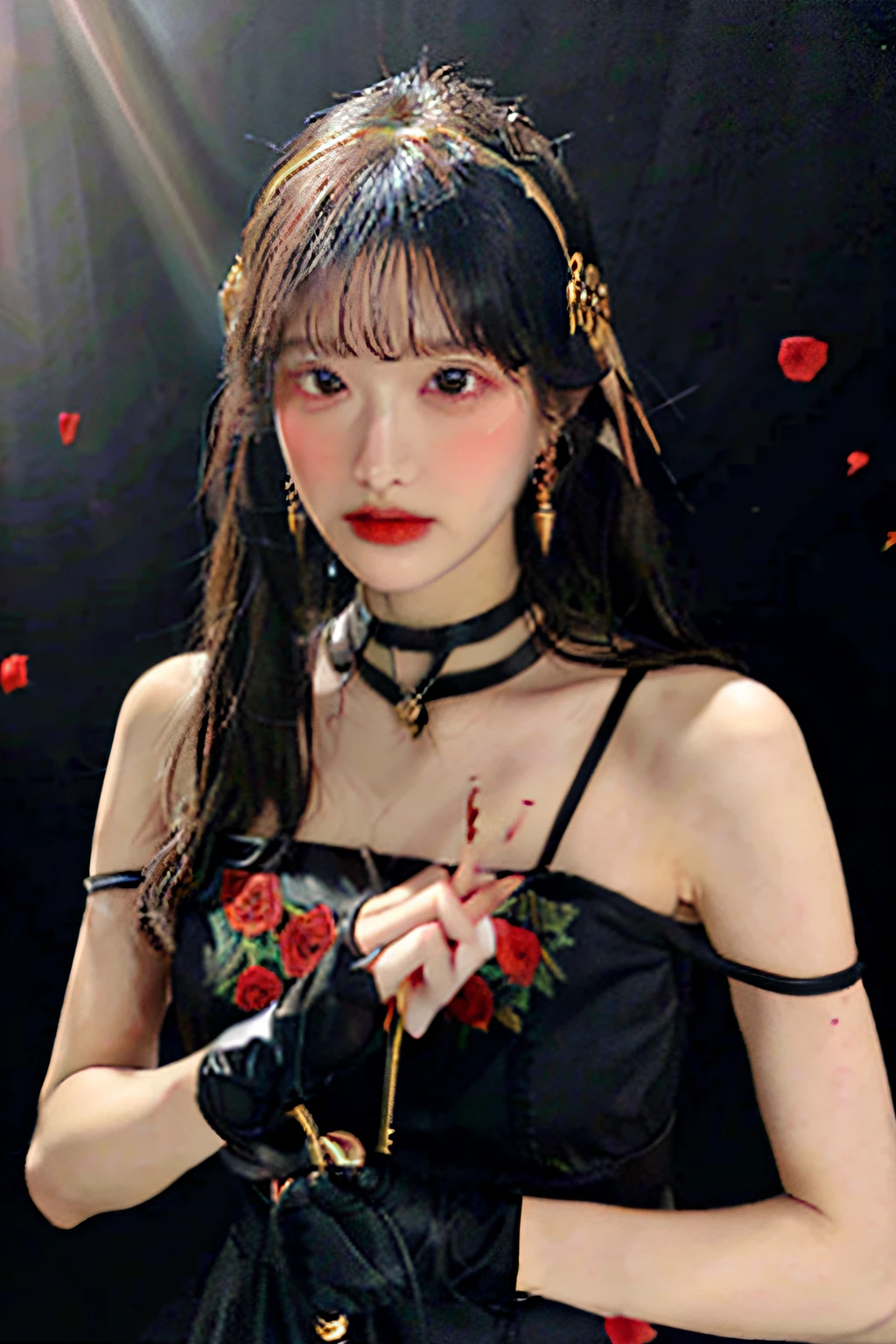 yor briar,
1girl, backlighting, bare shoulders, black background, black dress, black gloves, black hair, blood, blood on face, blood on weapon, breasts, closed mouth, cowboy shot, dress, earrings, expressionless, fingerless gloves, floating hair, floral print, flower, gloves, gold earrings, gold hairband, hair flower, hair ornament, hairband, holding, holding weapon, jewelry, large breasts, light particles, long hair, looking at viewer, off-shoulder dress, off shoulder, petals, red eyes, rose, rose petals, rose print, short hair with long locks, sidelocks, solo, spikes, thighs, two-sided dress, two-sided fabric, weapon
, ((masterpiece))