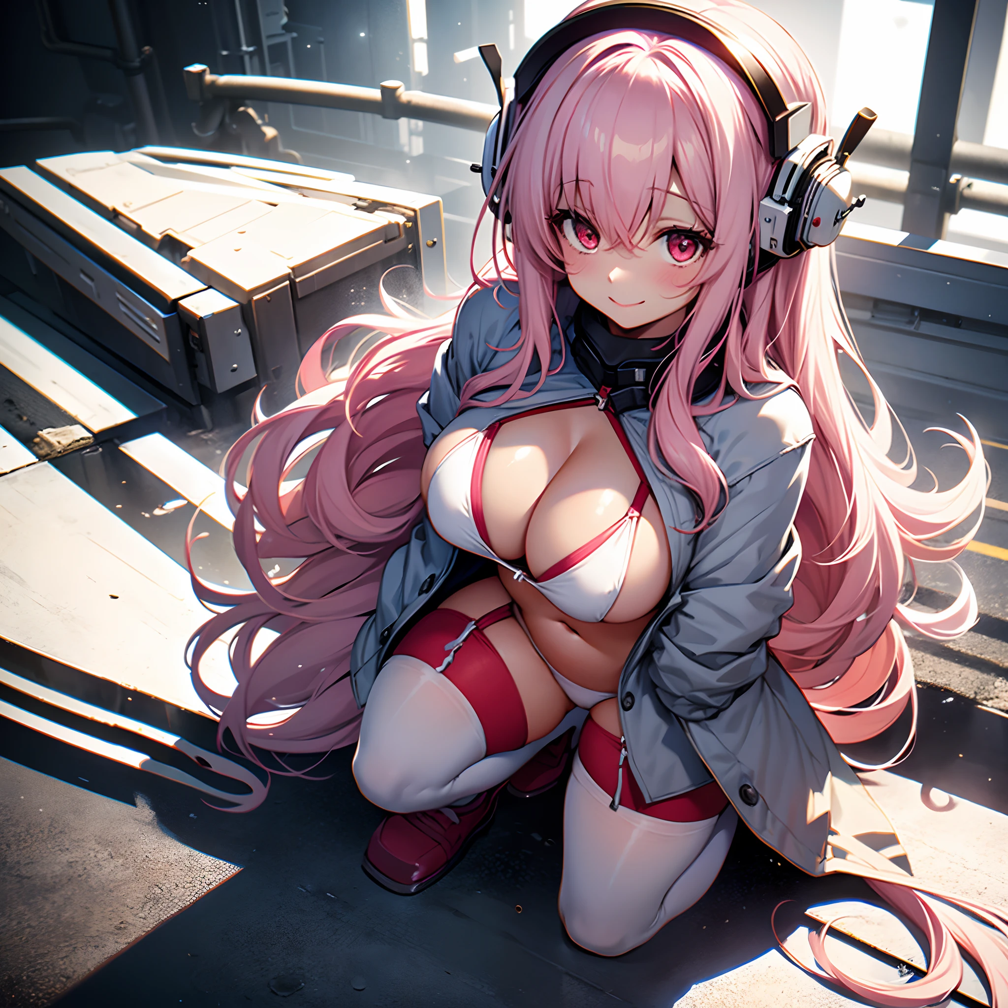 an attractive woman, 1girl, super sonico, straight hair, solo, narrow her eyes, pink hair, huge breasts, large hip, put both hands on the ground, squat, spread legs, Close her chest with her upper arms, long hair, navel, blush, spread legs, red eyes, looking at viewer, cleavage, smile, white stockings, small size white bikini, Soaked in white oil ,whole body, white background, Plump, Backlit, dark shadow, her chest overflows through her clothes, blank background, Composition looking down from above