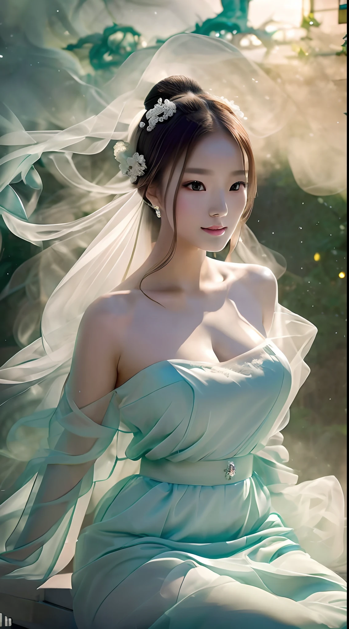 (Best quality,4K,8K,A high resolution,Masterpiece:1.2),Ultra-detailed,(Realistic,Photorealistic,photo-realistic:1.37),Gorgeous,Beautiful,Long golden hair, The goddess in a black and white dress sits on the steps, 浴室,Sexy girl,Illustration style:Kim Jong Nik, Japanese goddess, Yoshigaki, Amazing goddess, ethereal figure, mesmerizing eyes, Beautiful white costume, Bright sunlight, gleaming silver, Yoshitomo Nara, Fuzzy green dragon-shaped smoke