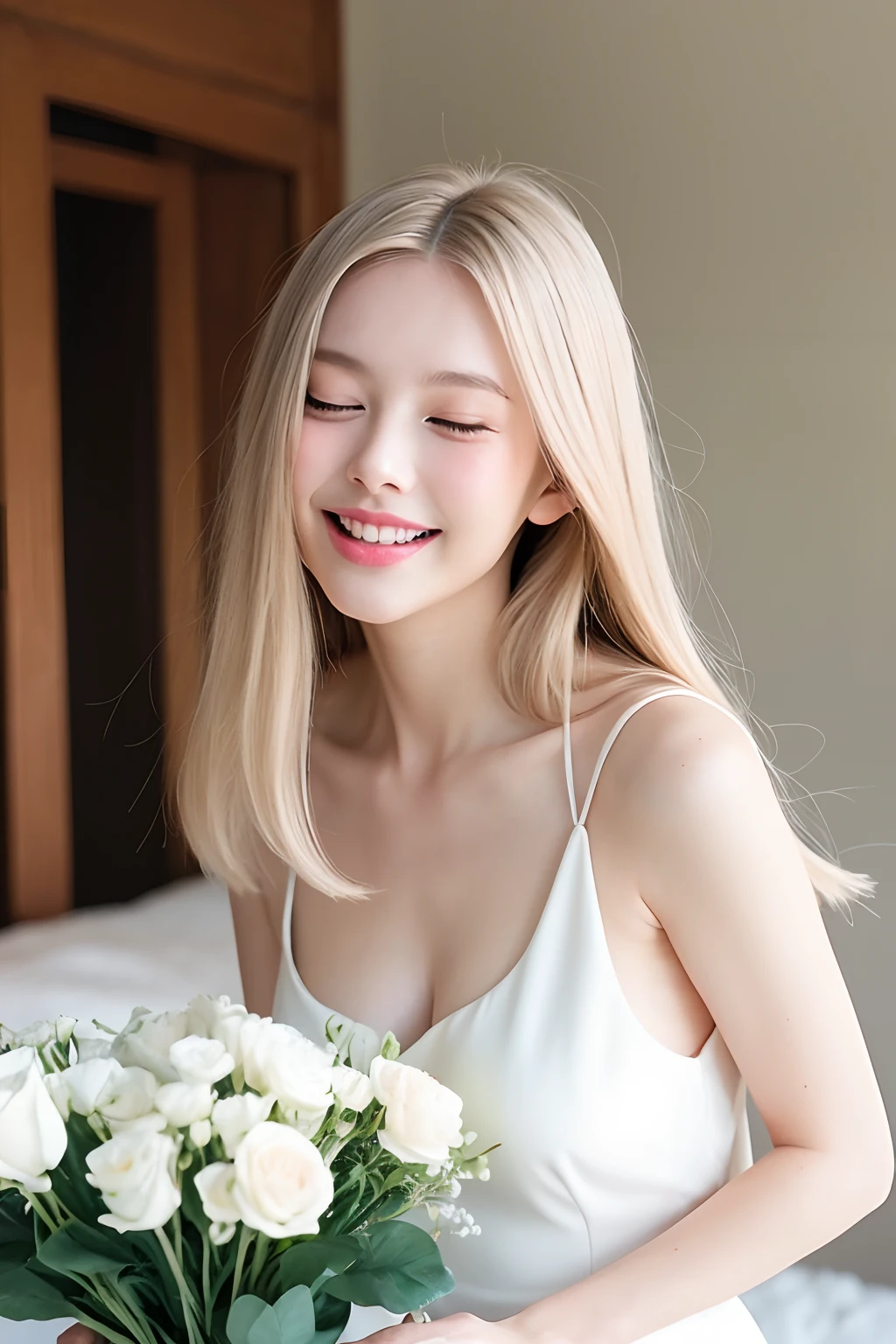 1 girl, only face, blonde, in the house, birthday, happy face, close eyes, happy mouth, some blush, white dress, flowers in hands, anime, photo like a film