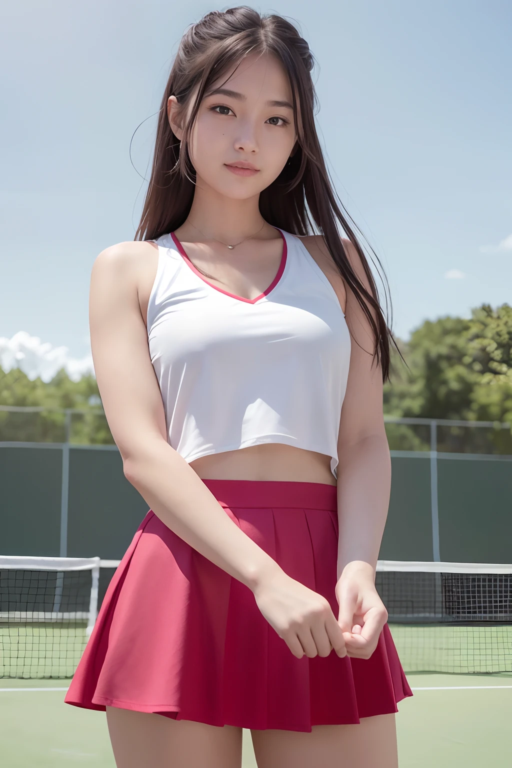 (8K, Best Quality, Masterpiece: 1.2), (Realistic, Photorealistic: 1.37), Super Detail, 1 Girl, 20 years old, Big, Beauty, Cute, Smile, Solo, Tennis Wear, Mini Skirt, Tennis Court, Racket, Tennis Ball, (Redness of the Nose), (Smile: 1.15), (Mouth Closed), Beautiful Eyes, (Long Hair: 1.2), Floating Hair Novafrog style, upper body