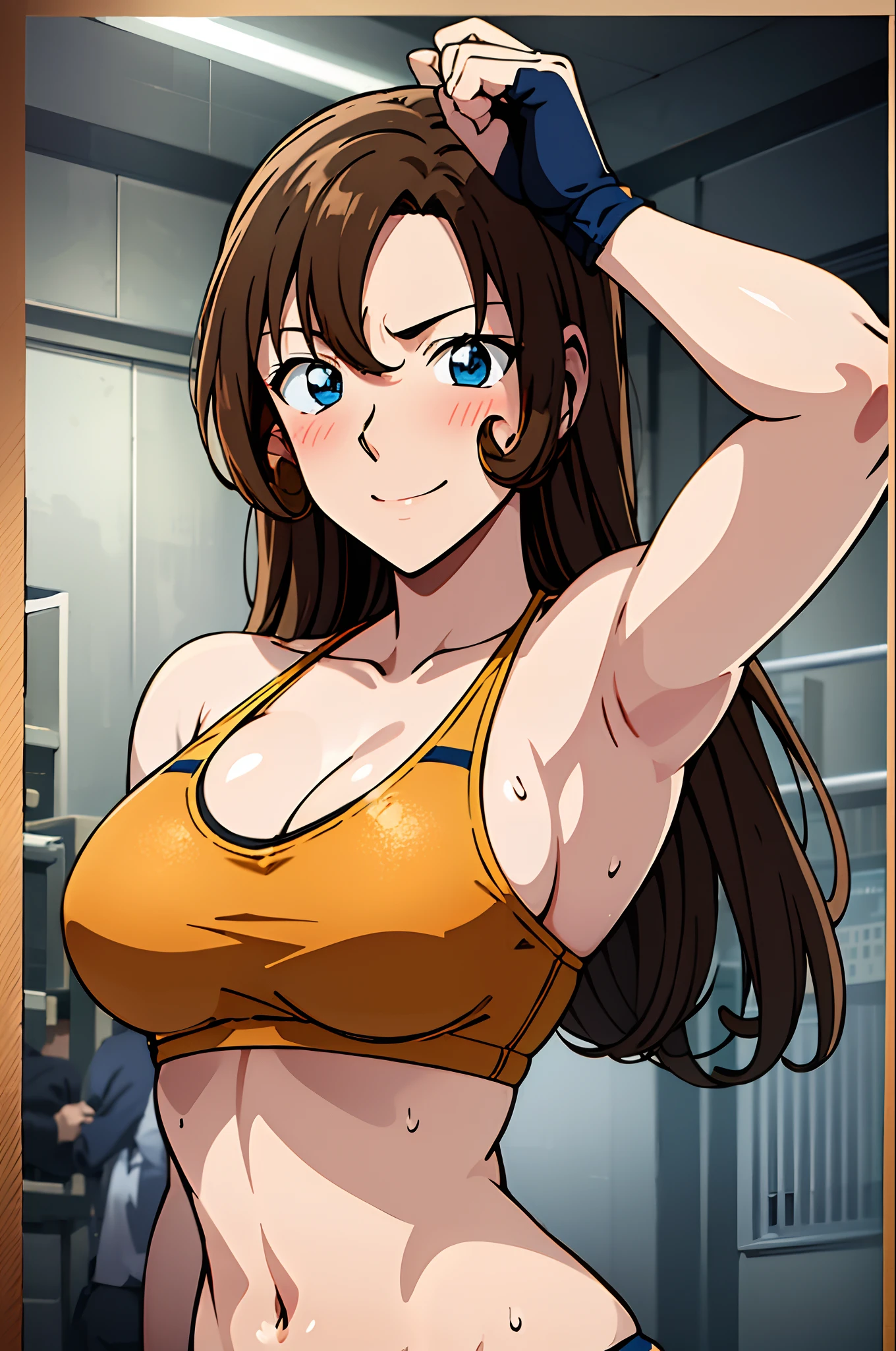 poster, anime style, hires ((wrestling ground)), (female wrestler), (slender body, sweating, tired), mature woman, milf, (bikini, ultra detailed pro wrestling gear) victorious, gorgeous, winner, confident face, smile, closed mouth, (pale skin, shiny skin, lighting and shadow), big breasts, (only one arm stretching), long belly, closed fists, seductive, (brown, long hair)