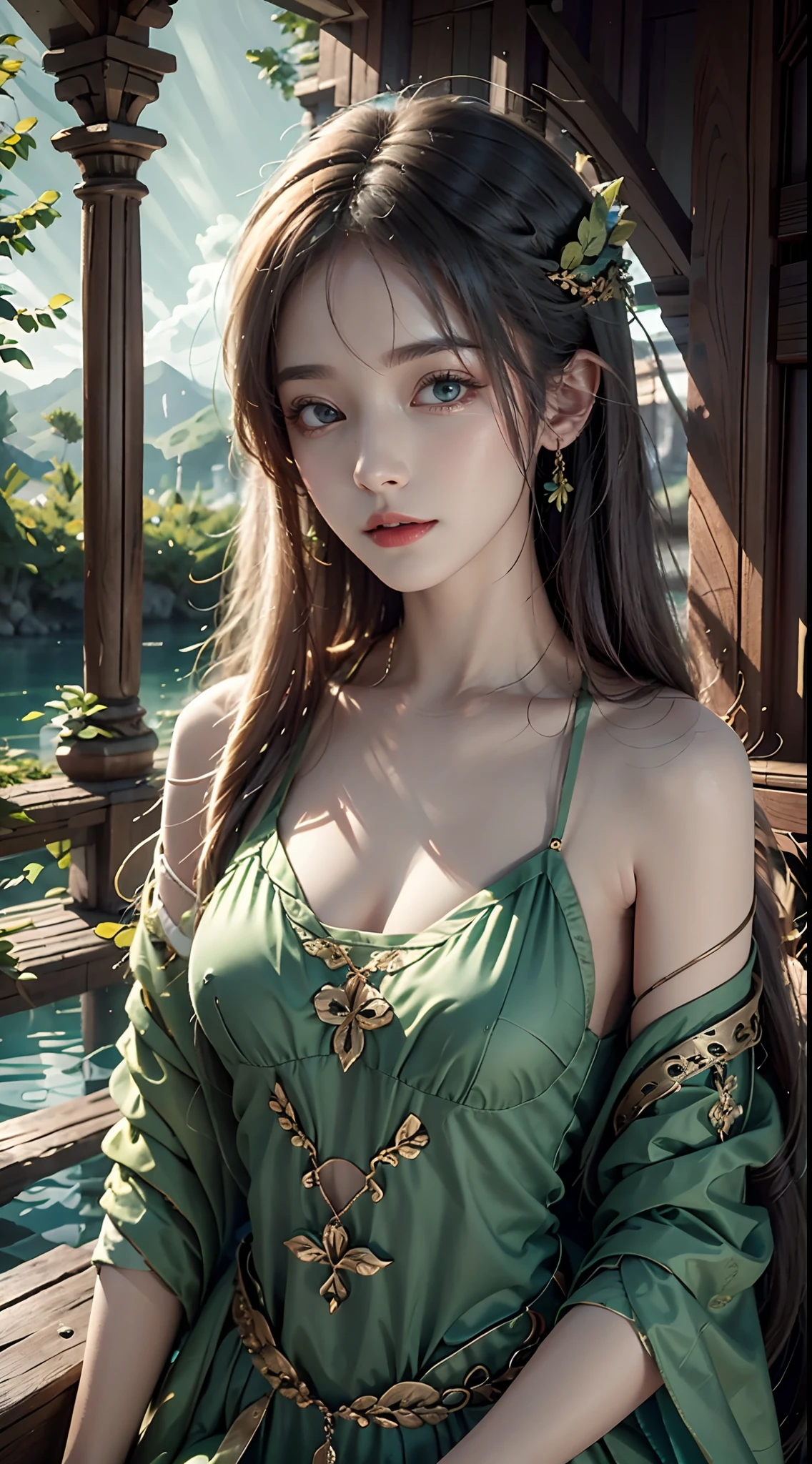 1 20-year-old girl, fairy princess, green clothes, nature clothes, nature panorama, sweet, beauty gril, twin sister.