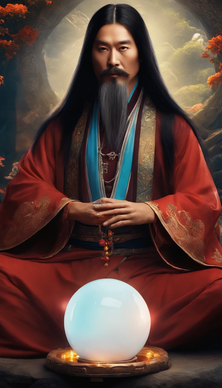 Close-up of a Chinese Taoist leader sitting on a stone,Long hair,short mustache,Holding a glowing crystal ball in his hand,staring right into camera,Meditate cross-legged, at centre,Very bright colors, Light particles, with light glowing, wallpaper art, UHD wallpaper