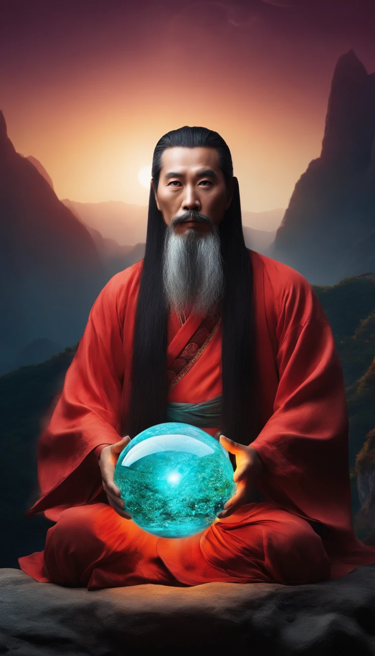 Close-up of a Chinese Taoist leader sitting on a stone，Long hair，short mustache，Holding a glowing crystal ball in his hand，staring right into camera，Meditate cross-legged, at centre，Very bright colors, Light particles, with light glowing, wallpaper art, UHD wallpaper